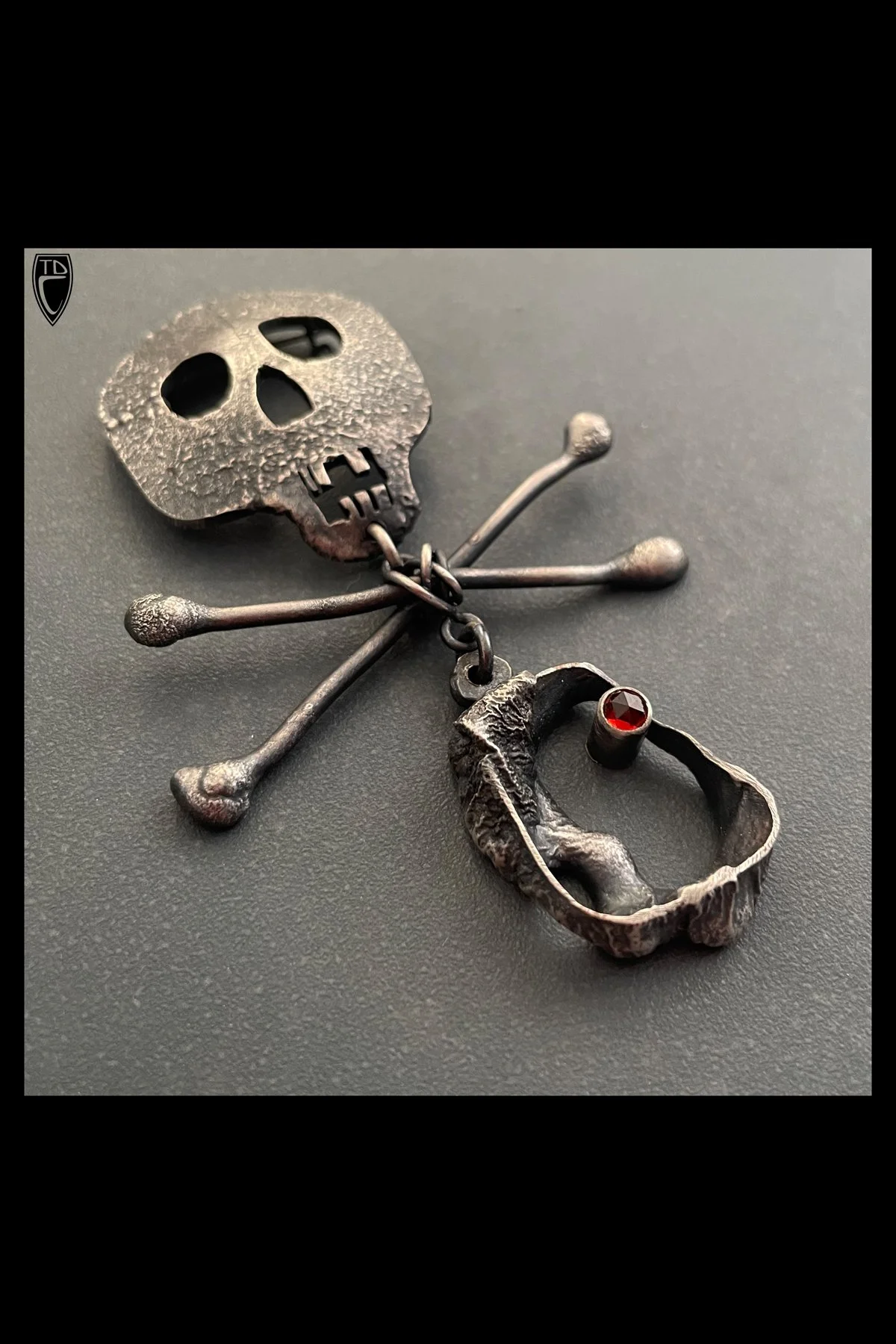 "BFF's", Sterling Silver and Garnet Skull and Crossbones Brooch 1