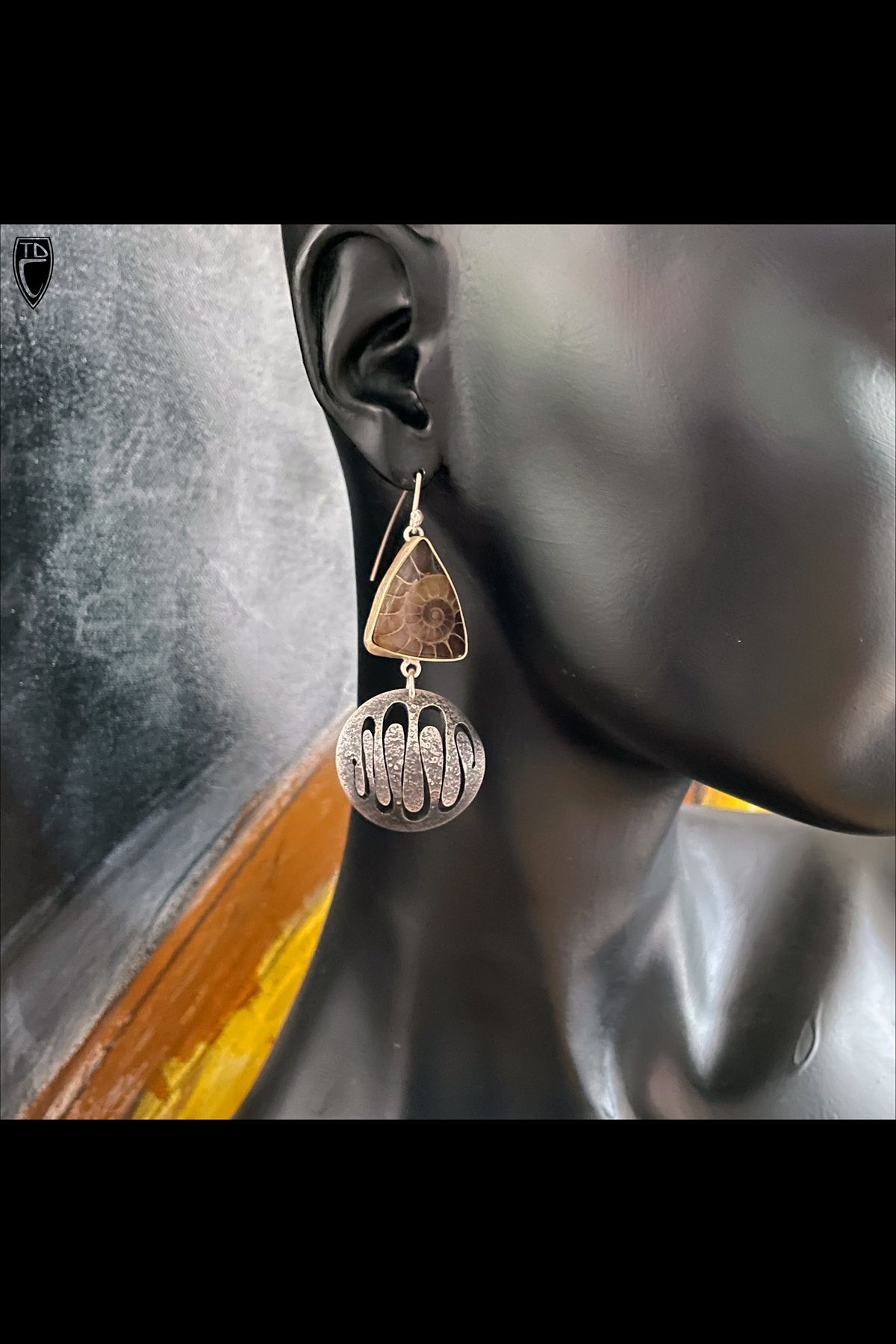 Textured and Pierced Sterling Silver, Brass and Ammonite Fossil Earrings