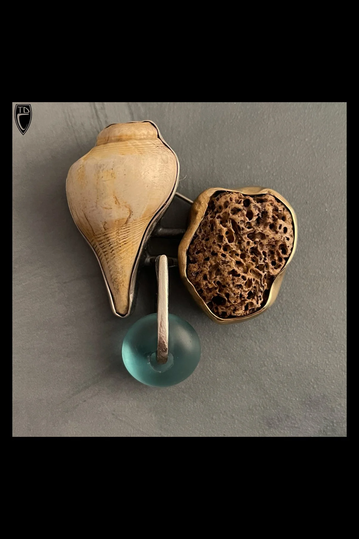 "Blue", Sterling Silver, Brass, Found Seashells, Glass Brooch