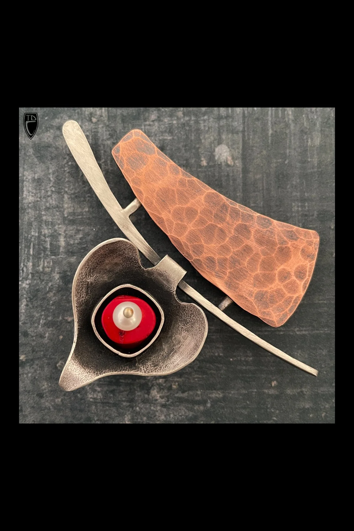 Sterling Silver, Copper, Coral, Pearl and Steel Brooch/Pendant
