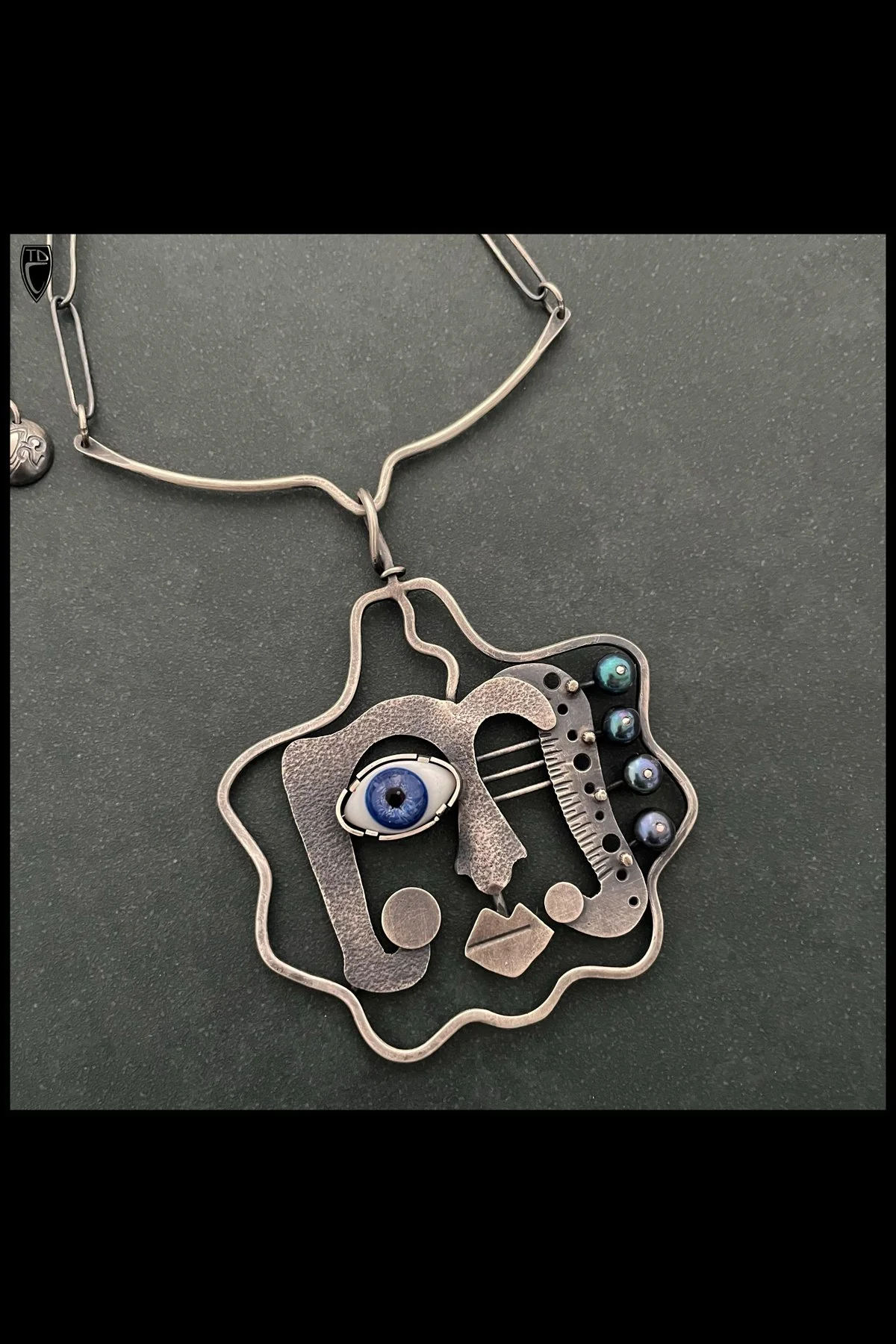 Sterling Silver, Pearl and Antique Glass Doll's Eye Face Neck Piece