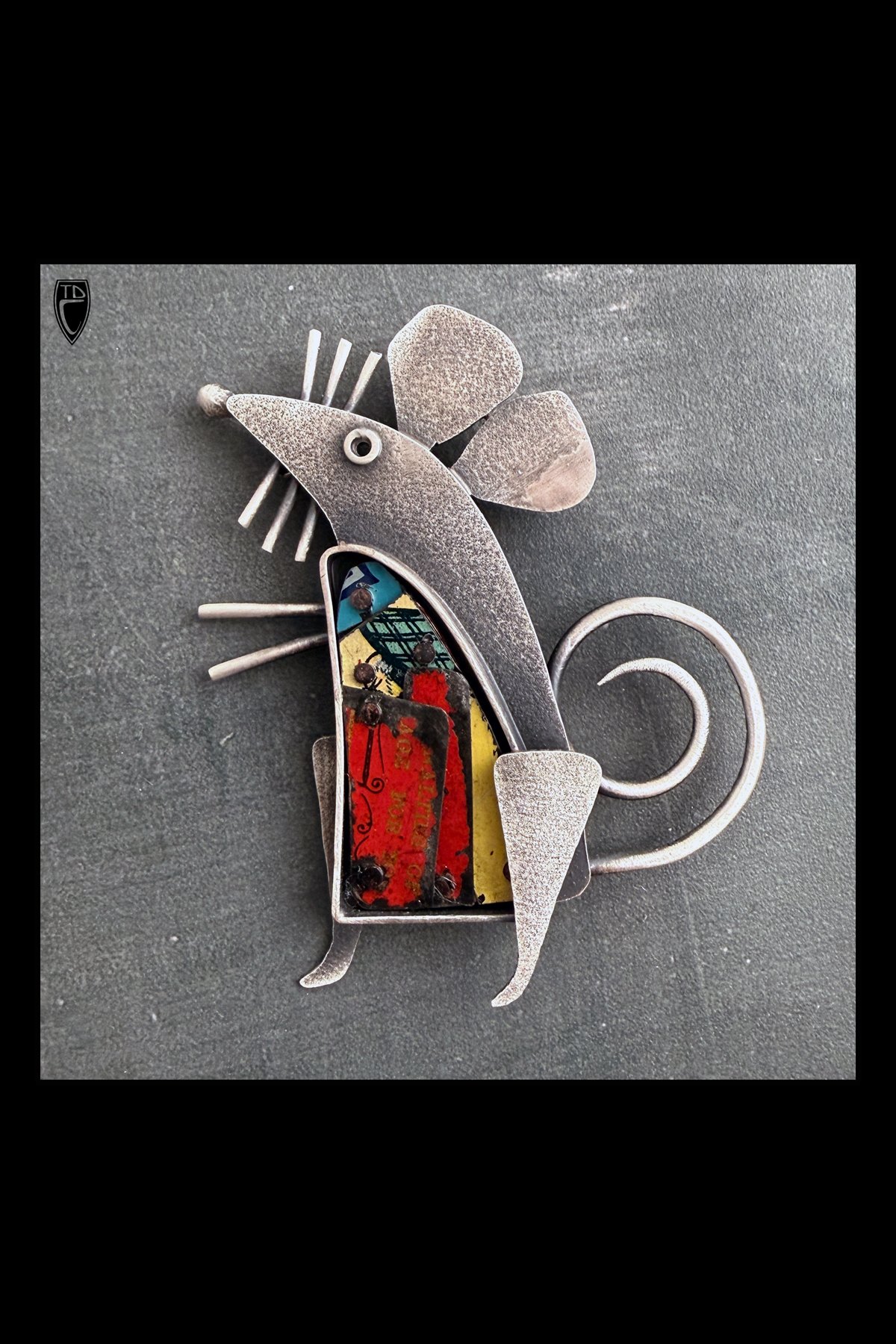 "Scurry", Sterling Silver, Copper and Antique 19th and 20th c. Tin Lithography Mouse Brooch/Pendant