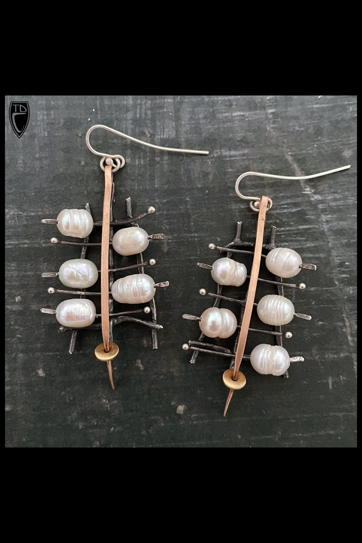 Sterling Silver, Bronze, Brass and Pearl Kinetic Ladder Earrings