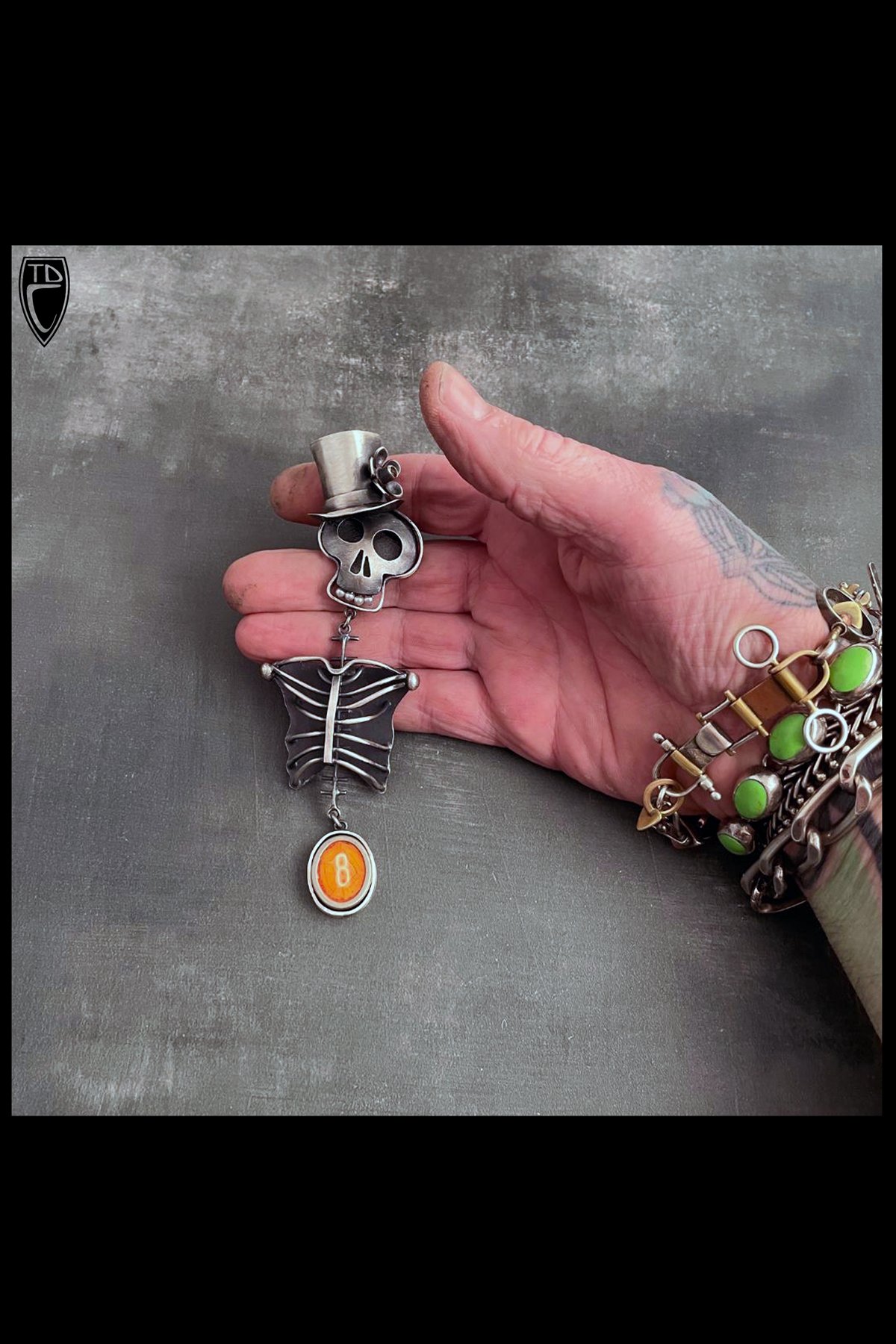 "Skelly", Sterling Silver, Tourmaline, Seed Pearls and Vintage Cash Register Key Brooch/Pendant