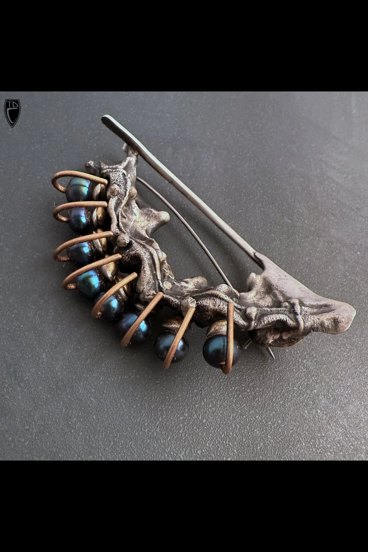 "Echinoform", Sterling Silver, Brass, Bronze and Black Pearl Biomorphic Brooch