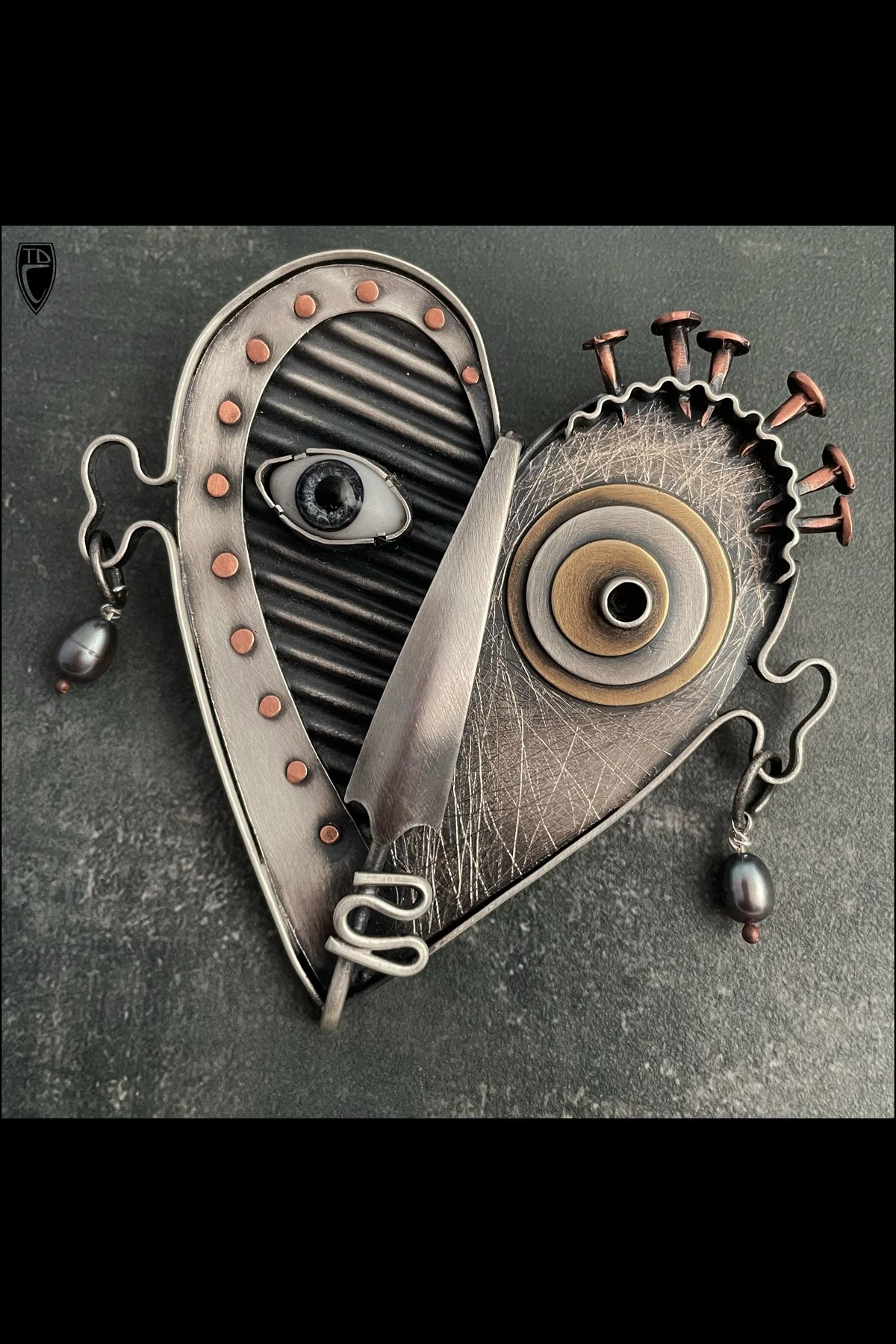 "Like a Nail to My Heart", Sterling Silver, Copper, Brass, Antique Glass Doll's Eye, Pearl and Steel Brooch/Pendant