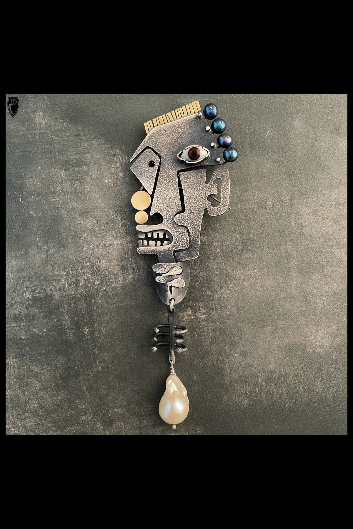 "Tough Guy", Sterling Silver, Brass, Pearl and Glass Abstract Kinetic Face Brooch/Pendant
