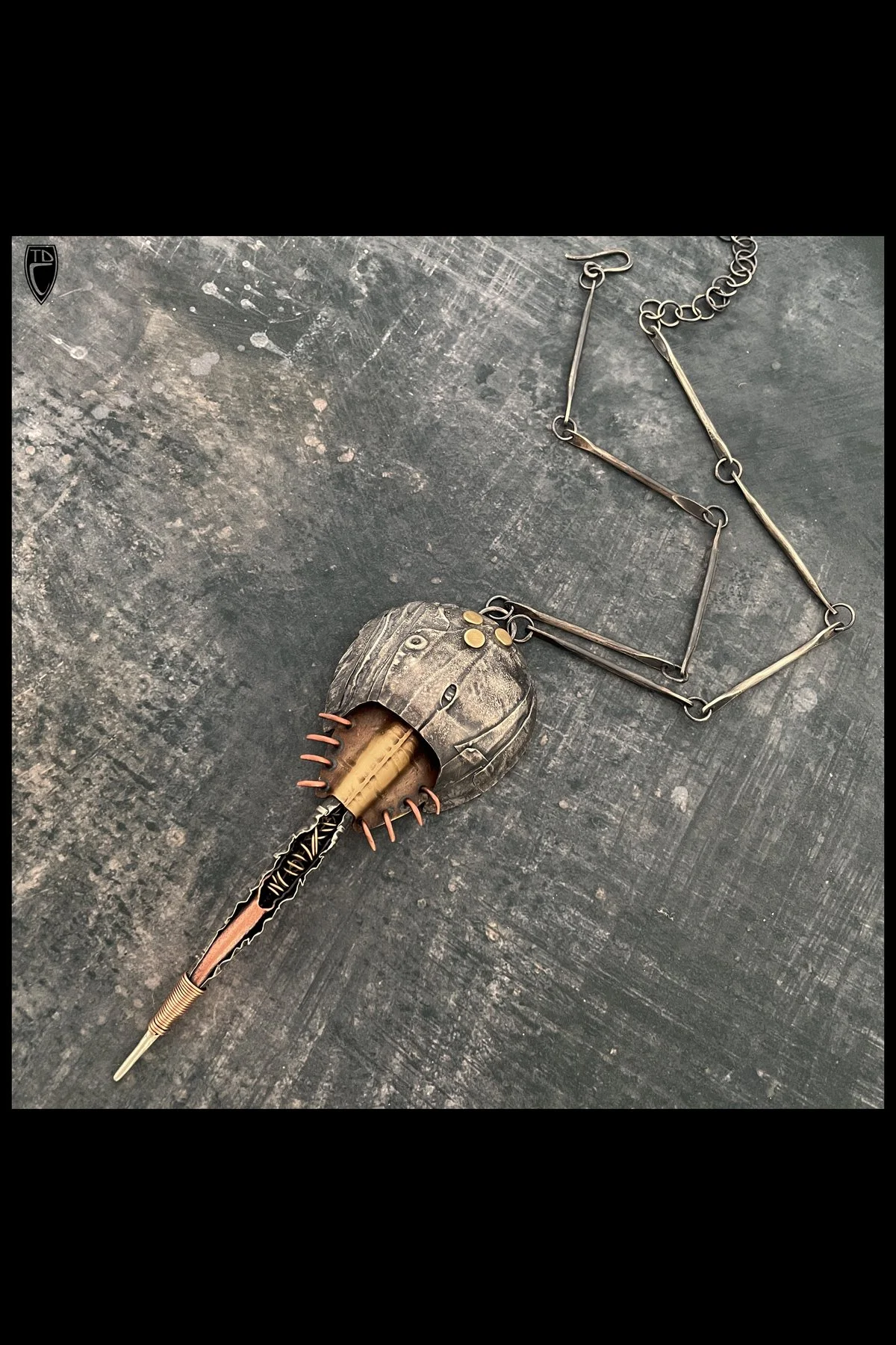"Battle Bot II", Sterling Silver, Brass, Copper and Bronze and Horseshoe Crab Pendant and Chain
