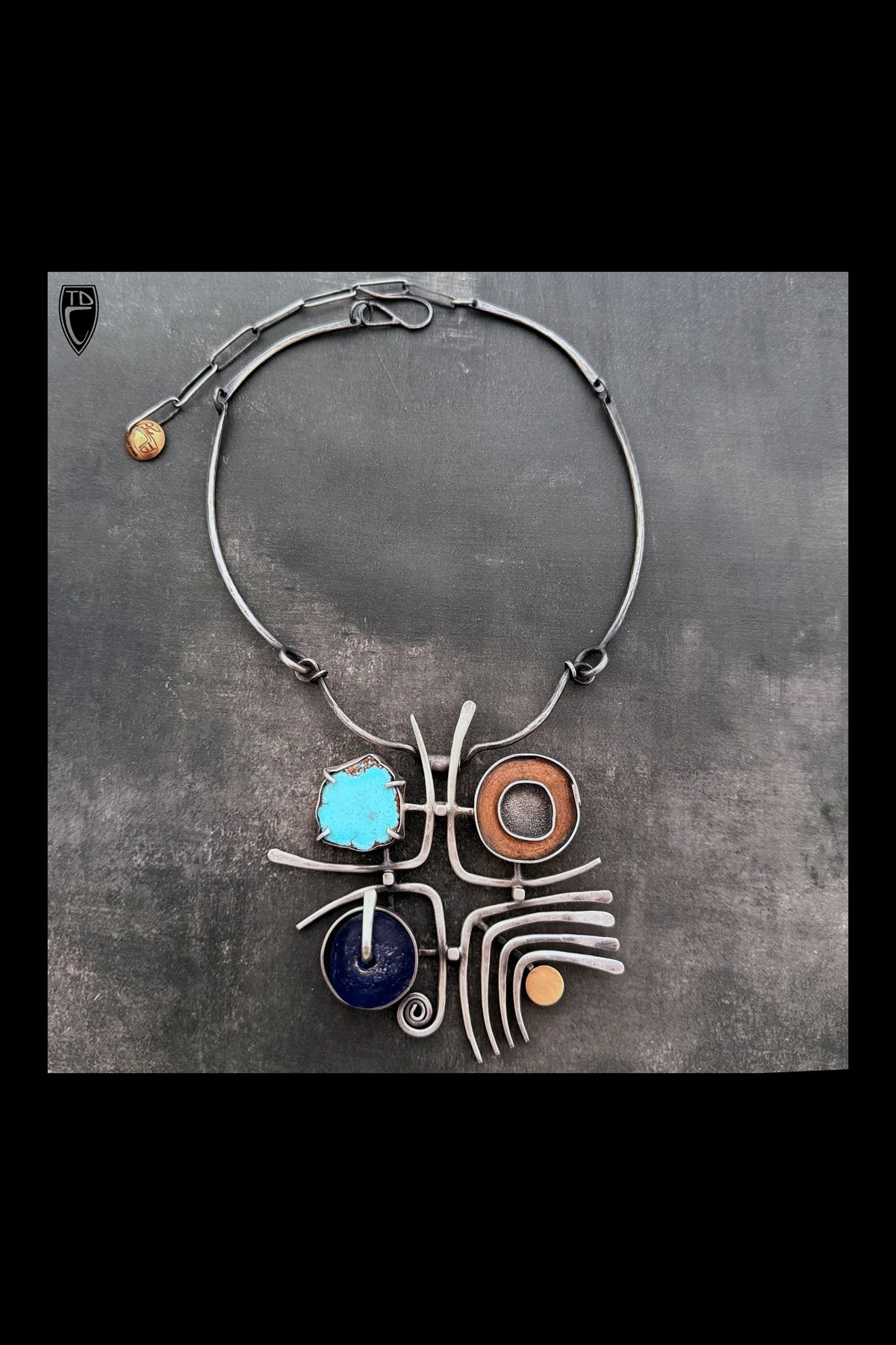 "Four Square", Sterling Silver, Brass, Golden Hills Mine Turquoise and Glass Neckpiece