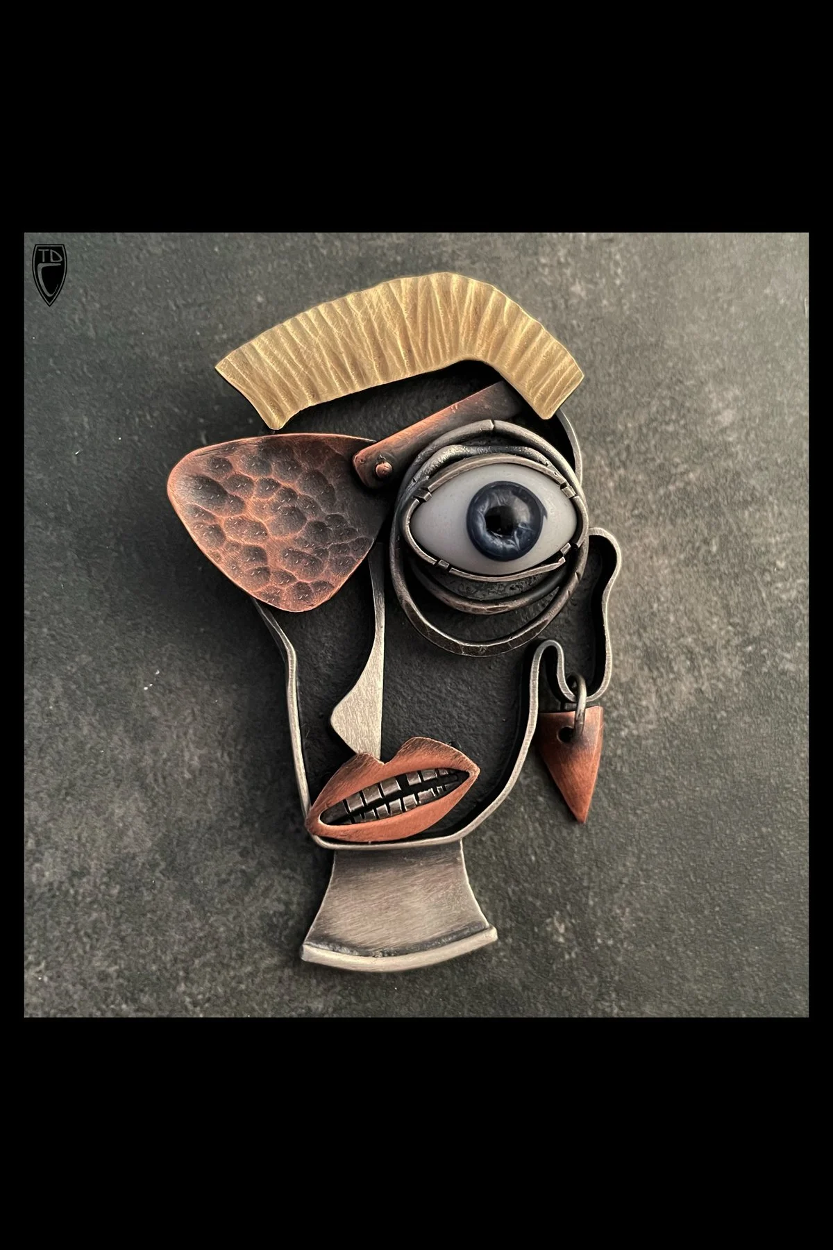 "Pierre", Sterling Silver, Copper, Brass and Antique Glass Doll's Eye Figural Brooch/Pendant