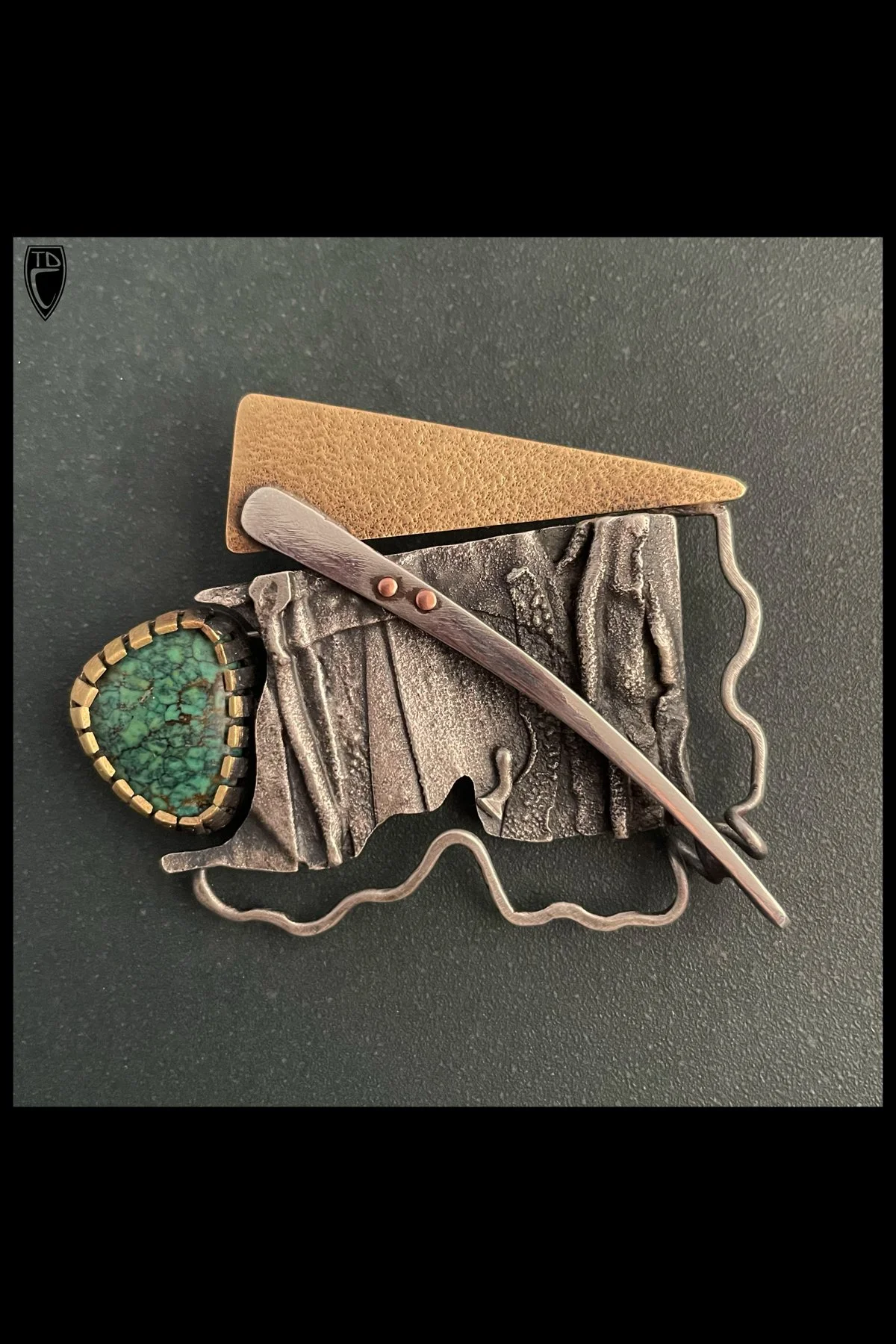 "Intersection" Sterling Silver, Brass, Copper and Turquoise Brooch