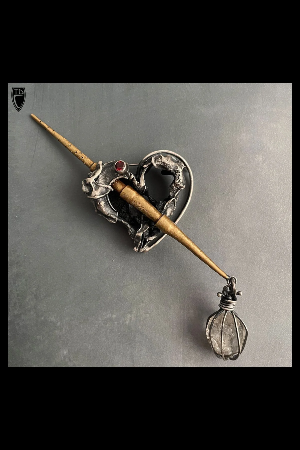 "Stabbed in the Heart", Sterling Silver, Brass, Rhodolite Garnet and Herkimer Diamond Crystal