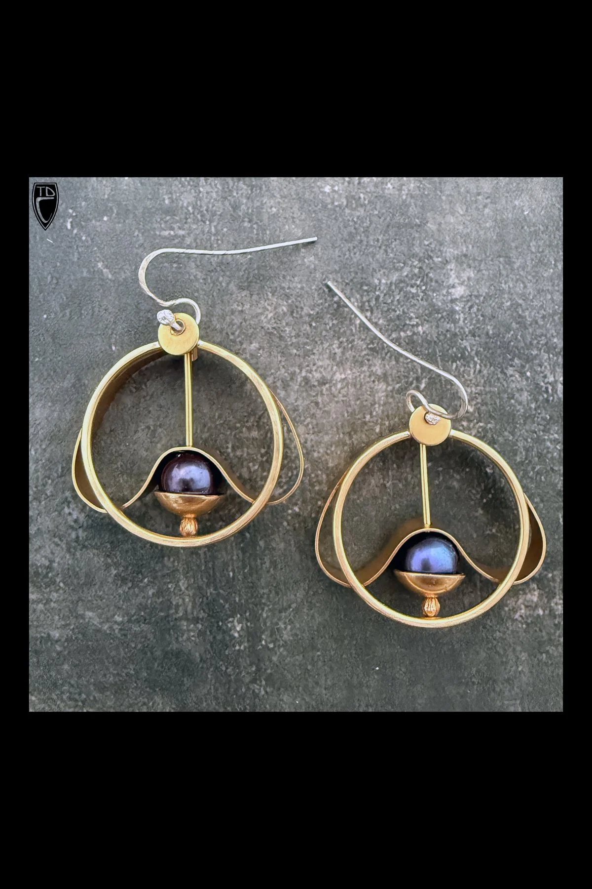 "Nouveau Pearl", Fabricated Brass and Black Pearl Earrings