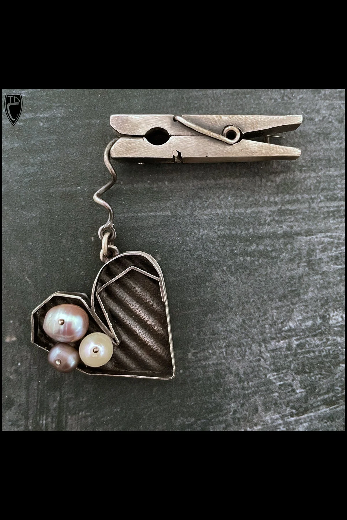 "Hanging by a Thread" Sterling Silver and Pearl Clothespin Heart Brooch
