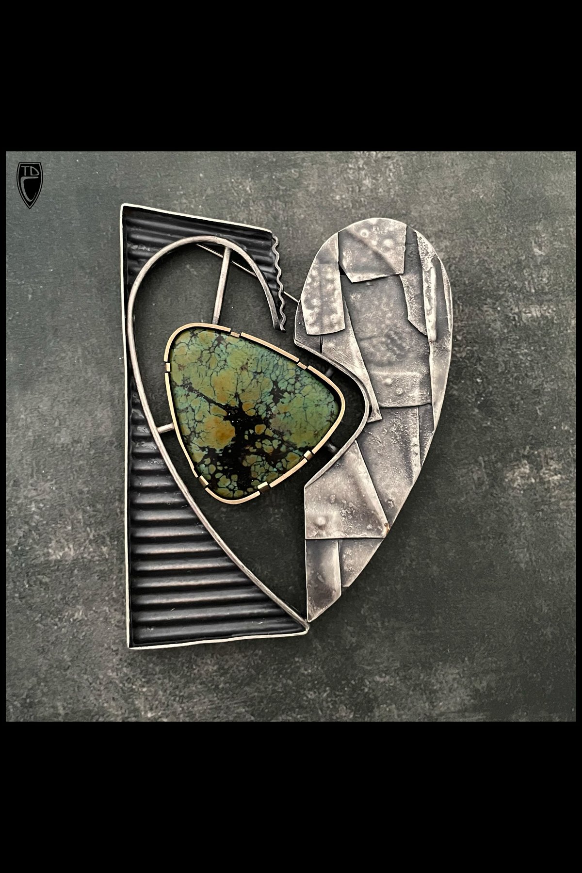 "Scrapyard", Sterling Silver, Brass Rare Green Hubei Turquoise and Steel Brooch/Pendant