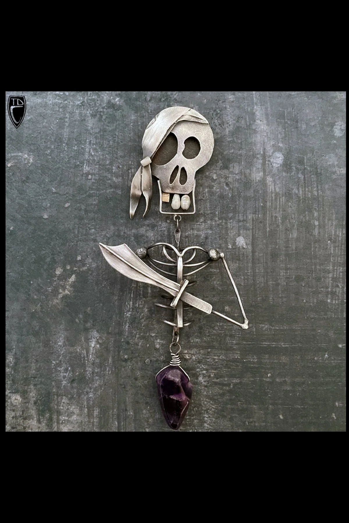 "All Hands on Deck, me Hearties! We've got a Storm Brewin'." Sterling Silver, Brass, Pearl and Amethyst Brooch/Pendant