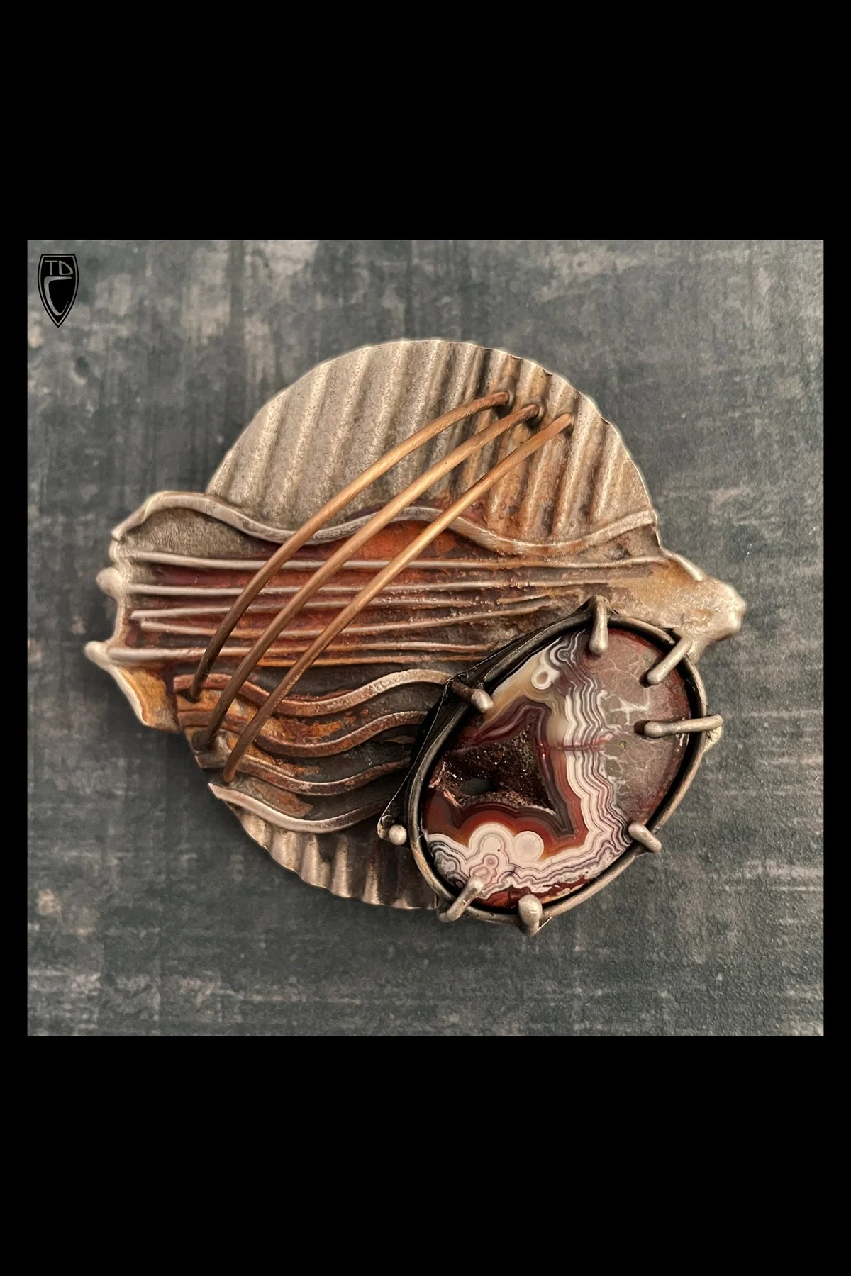 "Rust Belt", Textured and Patinated Sterling Silver, Bronze and Crazy Lace Agate Brooch/Pendant