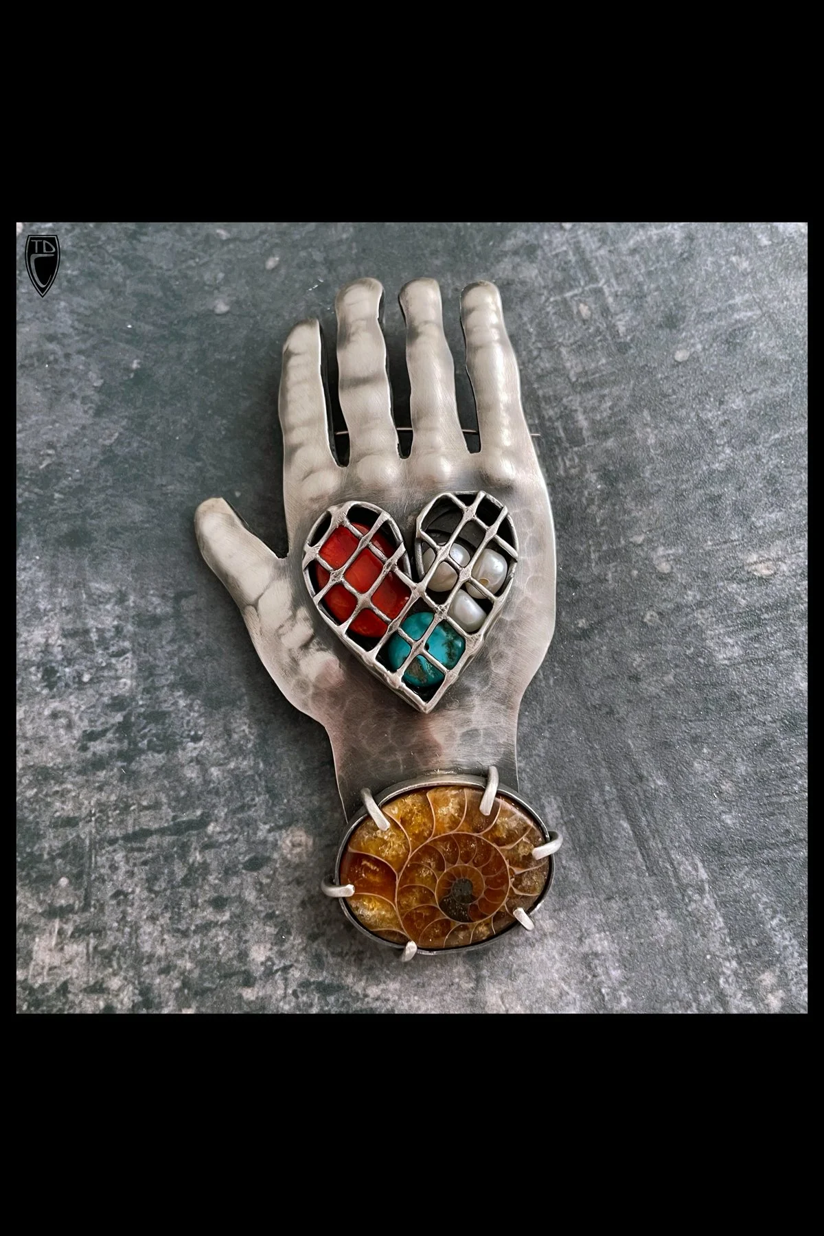 "Hand and Heart", Sterling silver, Ammonite Fossil, Coral, Pearl and Turquoise Brooch/Pendant