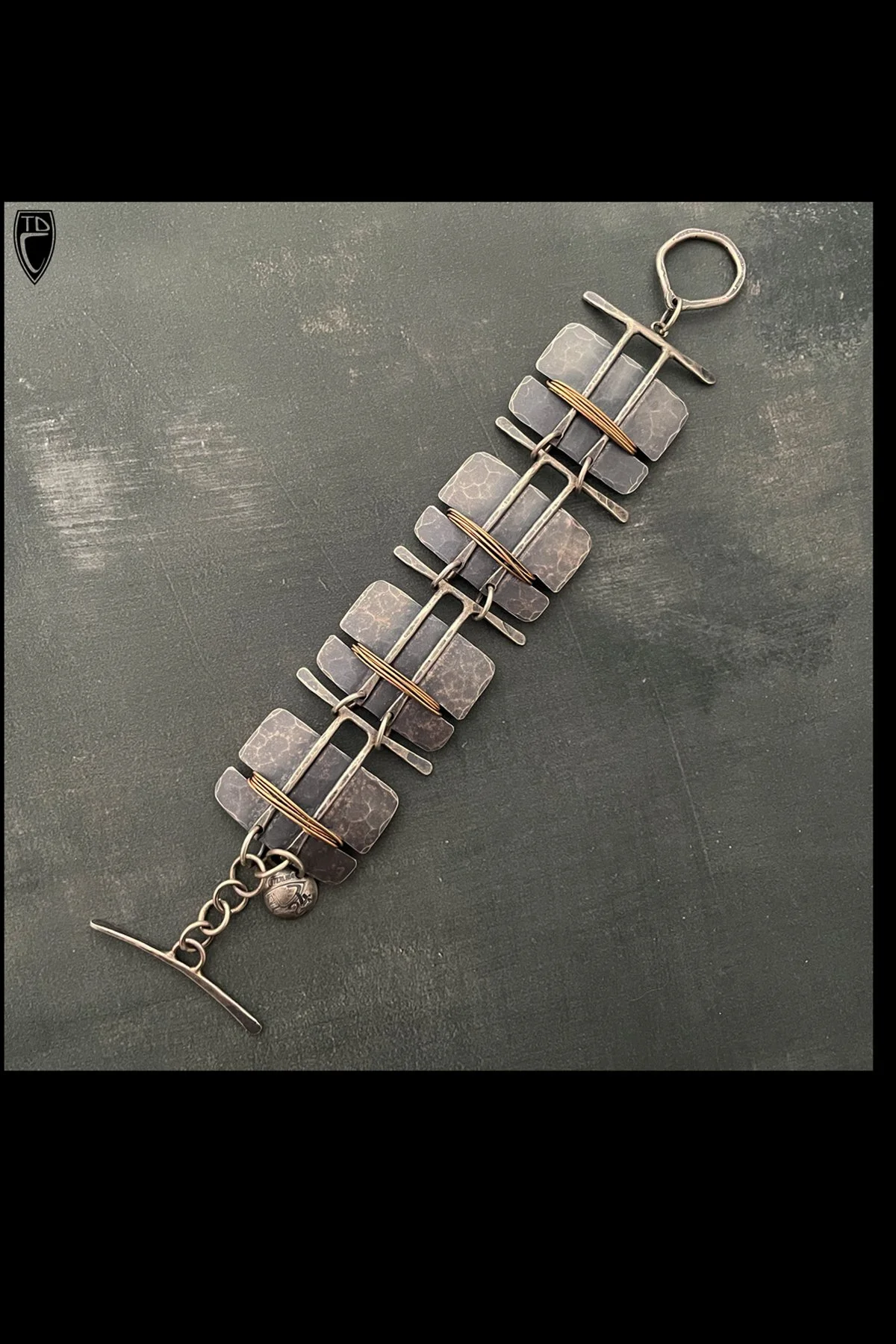 Hammered and shaped Sterling Silver and Bronze wire Wrapped Panel Link Toggle Bracelet