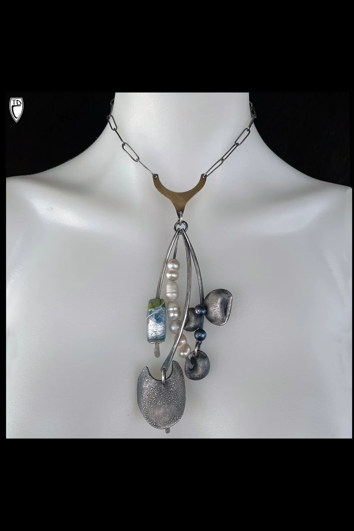 Sterling Silver, Brass, Pearl and Glass Kinetic Charm Necklace