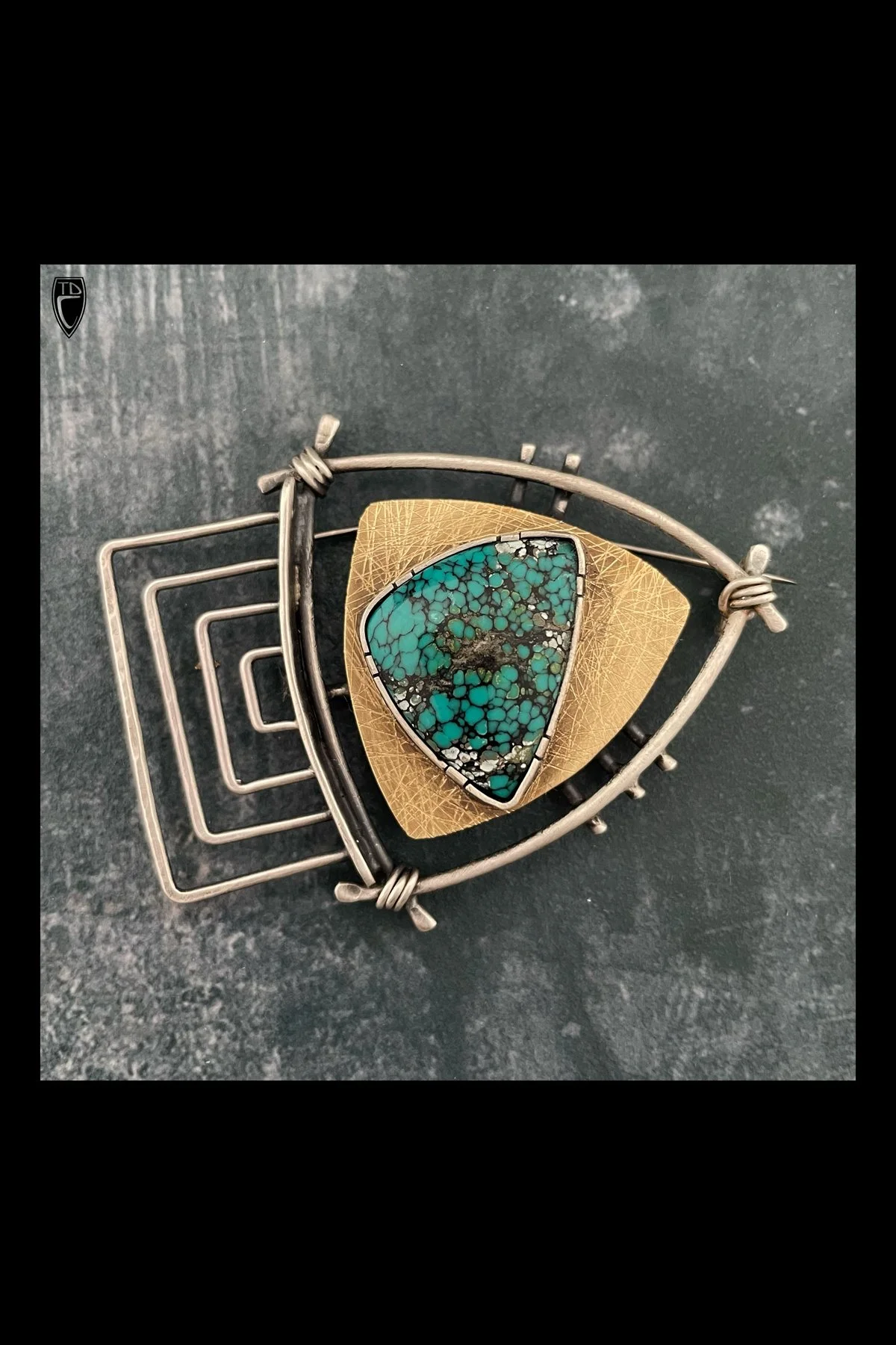 Sterling Silver, Brass, Turquoise and Steel Brooch