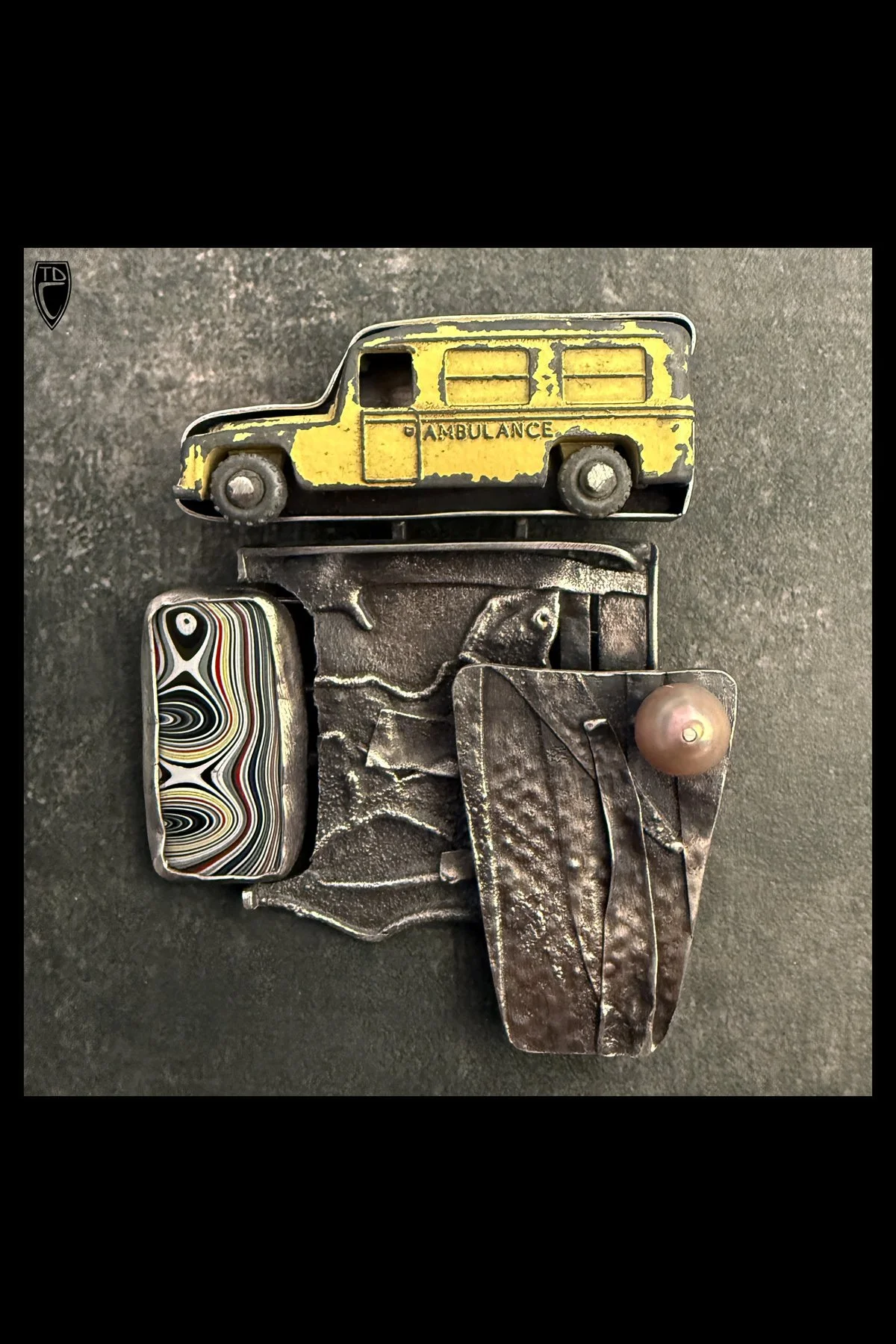 "Triage", Sterling Silver, Fordite, Pearl and Vintage 1950's Die Cast Ambulance Brooch/ Pendant