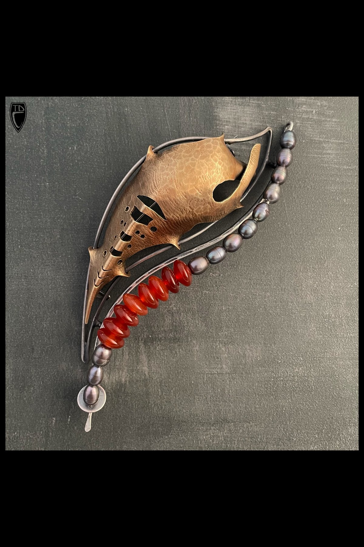 "Sinew", Textural, Hammered, Raised and Fold Formed Brass, Sterling Silver, Pearl and Carnelian Brooch/Pendant
