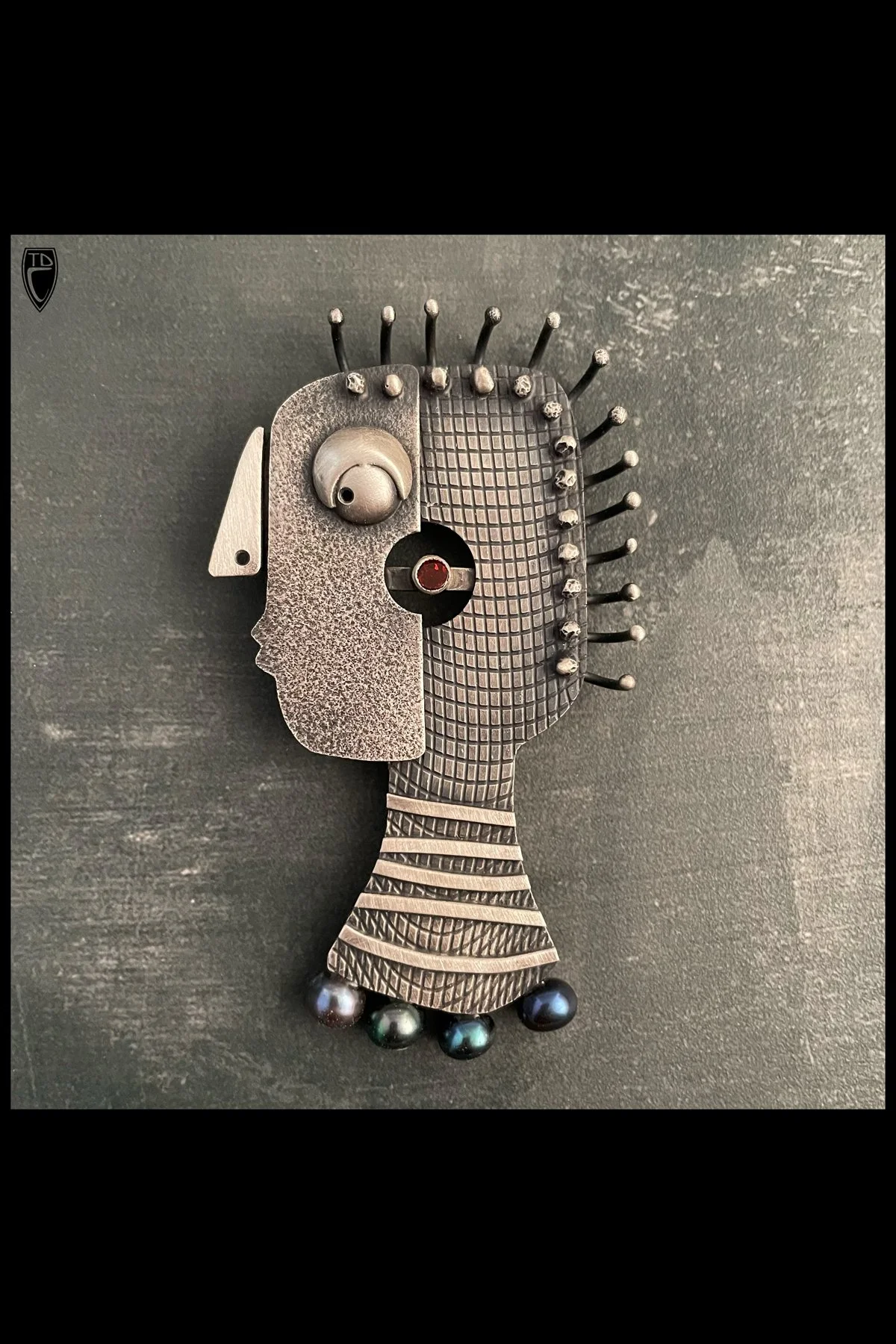 "I Hear You!", Sterling Silver, Garnet and Pearl Brooch