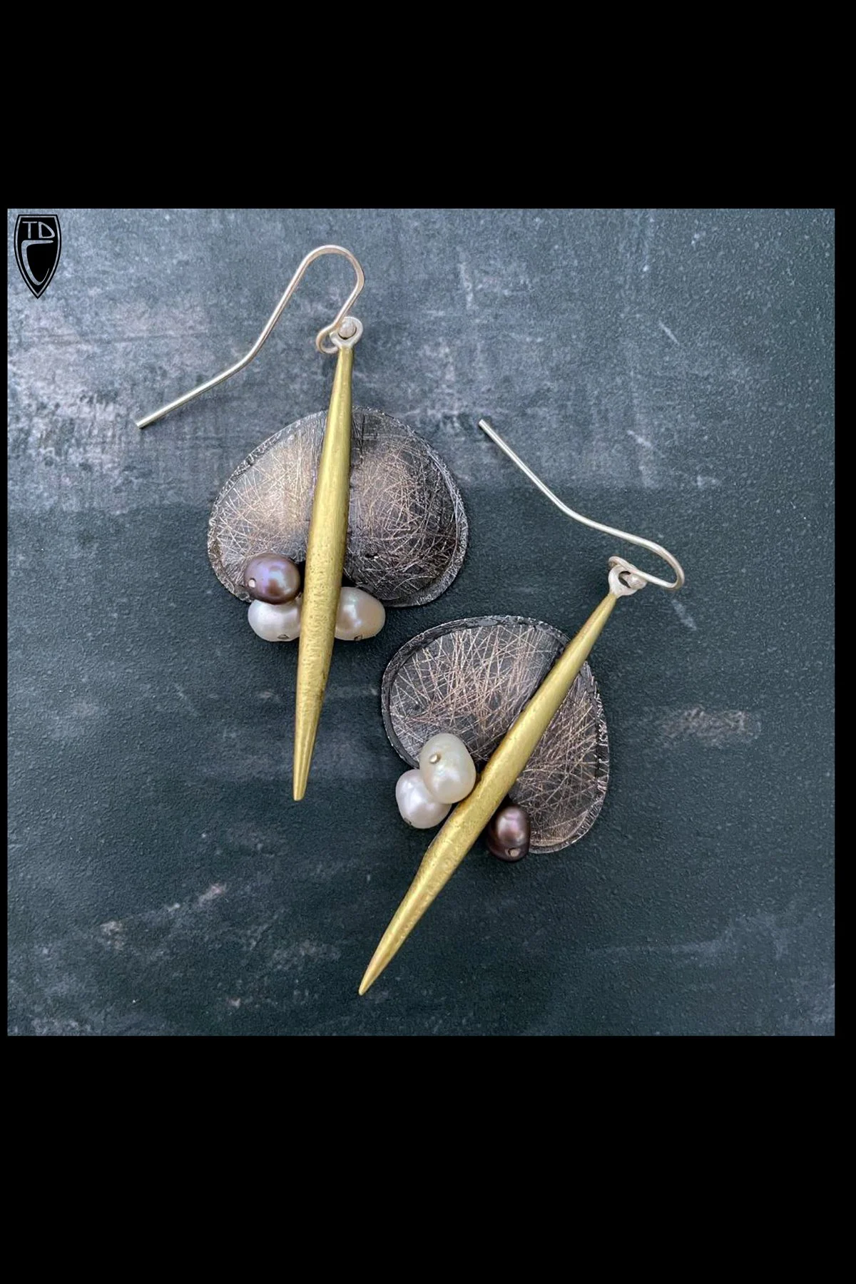 Sterling Silver, Pearl and Brass Spear Earrings