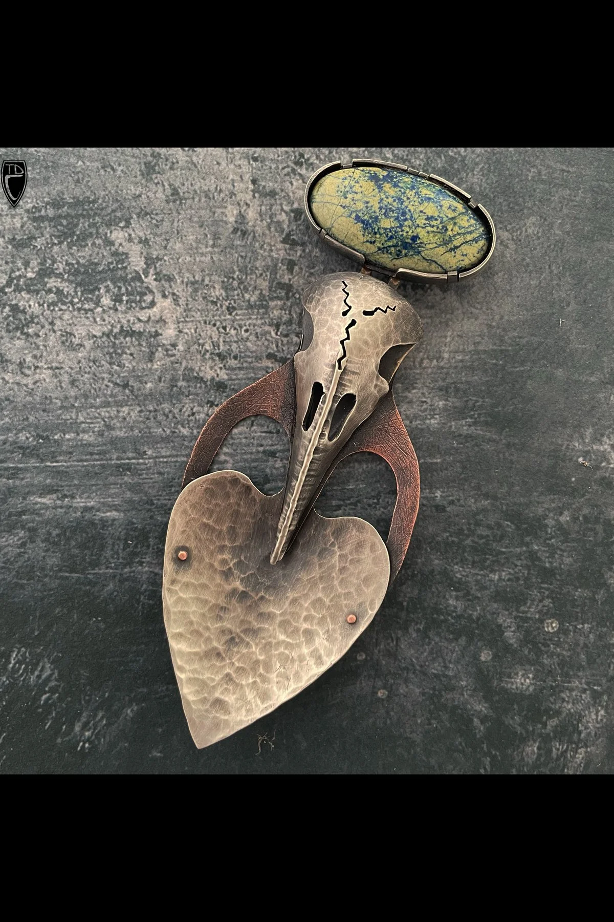 Sterling Silver, Copper and Congo Azurite Raven/Heart Pendant