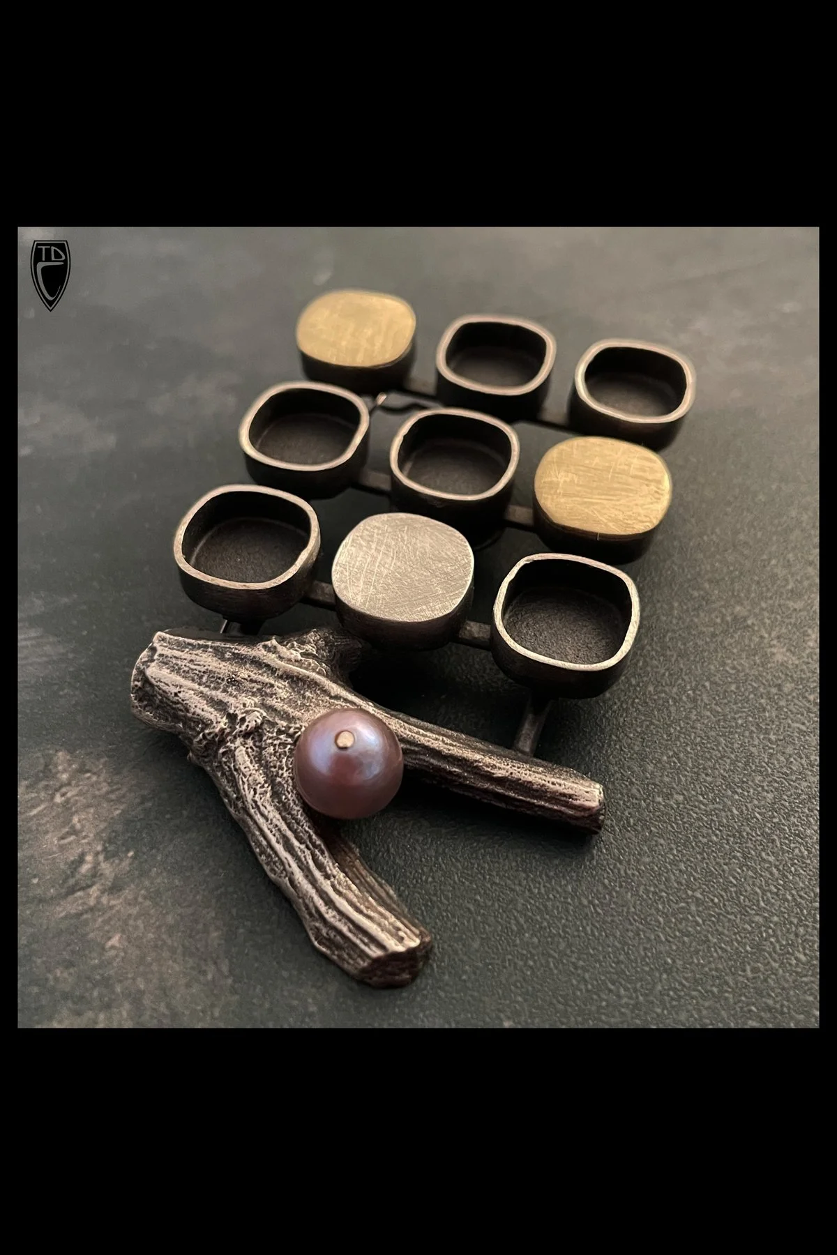 Sterling Silver, Brass and Pearl " Grid Branch" Brooch/Pendant