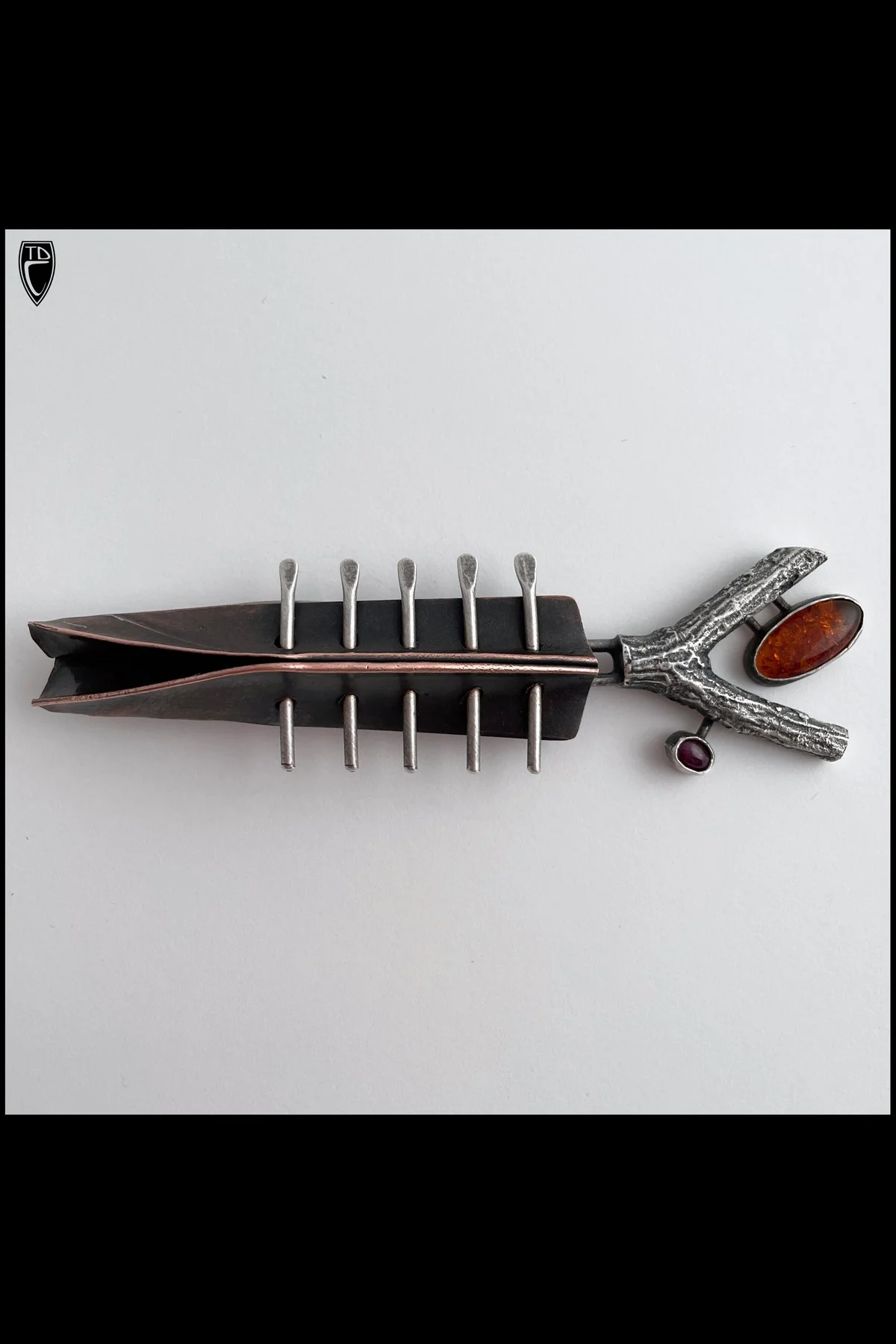 Sand Cast and Fabricated Sterling Silver, Fold Formed Copper, Baltic Amber and Ruby Brooch Pendant