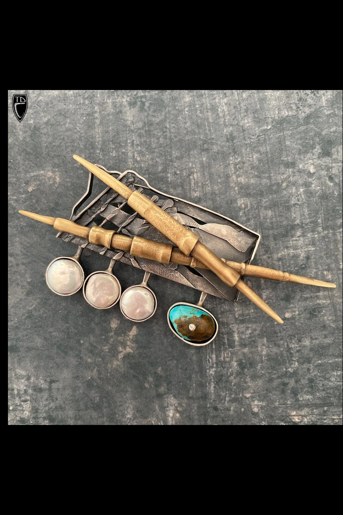 Sterling Silver, Brass, Turquoise and Pearl Fold Formed and Hollow Formed Spicula Brooch/Pendant