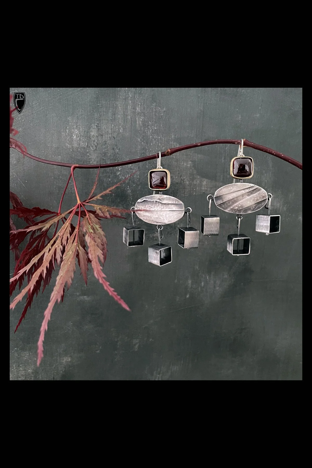One of a Kind Sterling Silver, Brass and Garnet "Cube Chandelier" Earrings