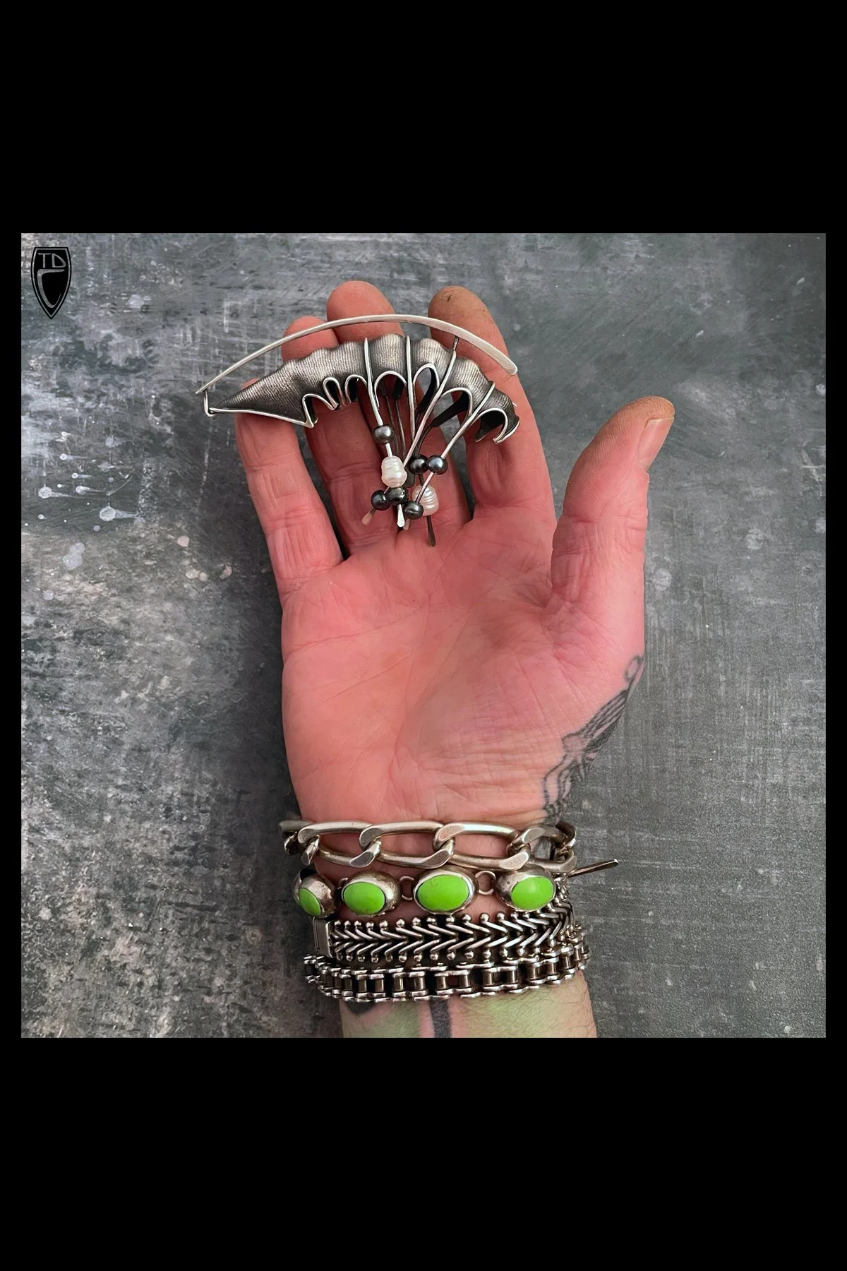 "Defensive",Sterling Silver, Pearl and Steel Brooch/Pendant