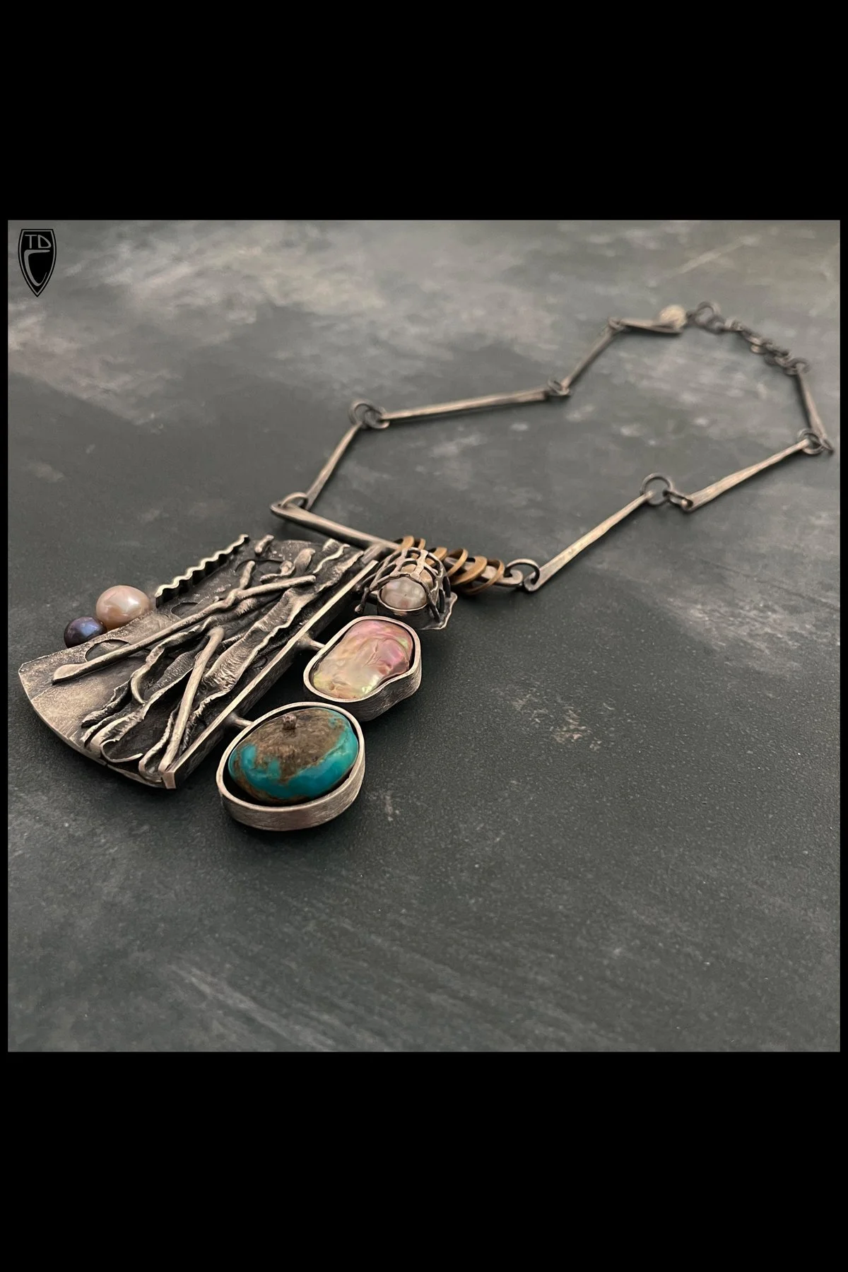 Sterling Silver, Brass, Pearl and Turquoise "Amulet" Neck Piece