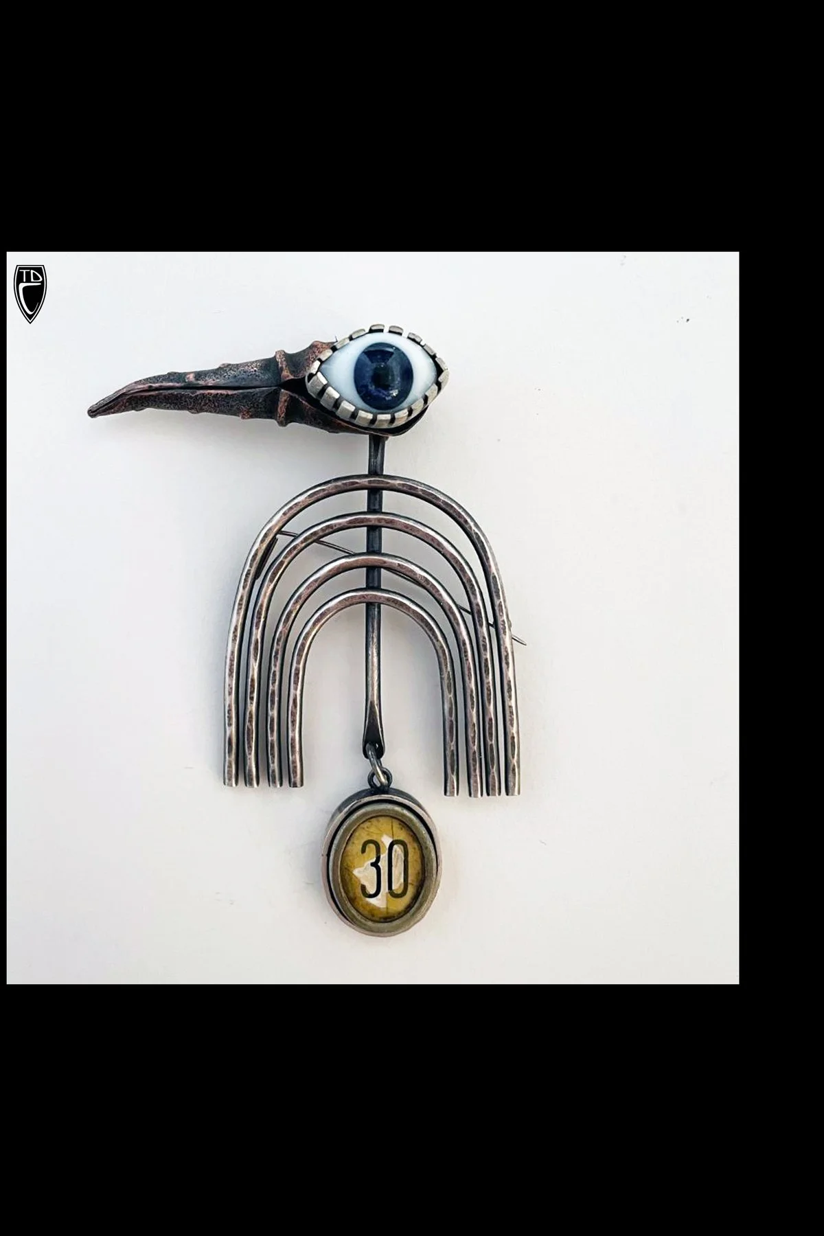 "It'll Cost You Two Beaks-Thirty", Sterling Silver Copper, Vintage Glass Doll's Eye and Antique Cash Register Key Brooch/Pendant