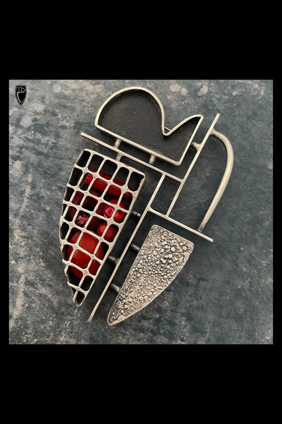 Sterling Silver, Coral and Glass Abstract Heart "Caged Keepsake" Brooch Pendant