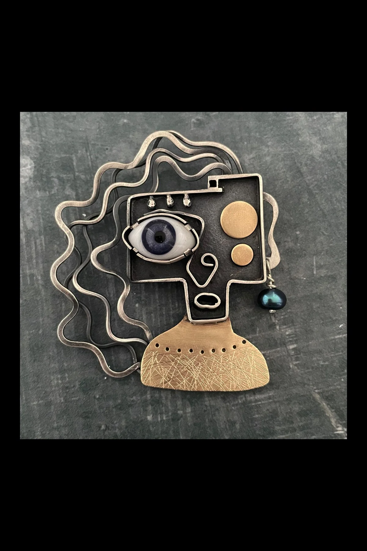 RESERVED for SF  "Frazzled", Sterling Silver, Brass, Antique Glass Doll's Eye, Pearl and Steel Brooch/Pendant