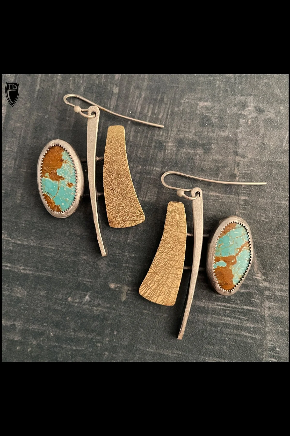 Sterling Silver, Scratch Finished Brass and Torquoise Earrings