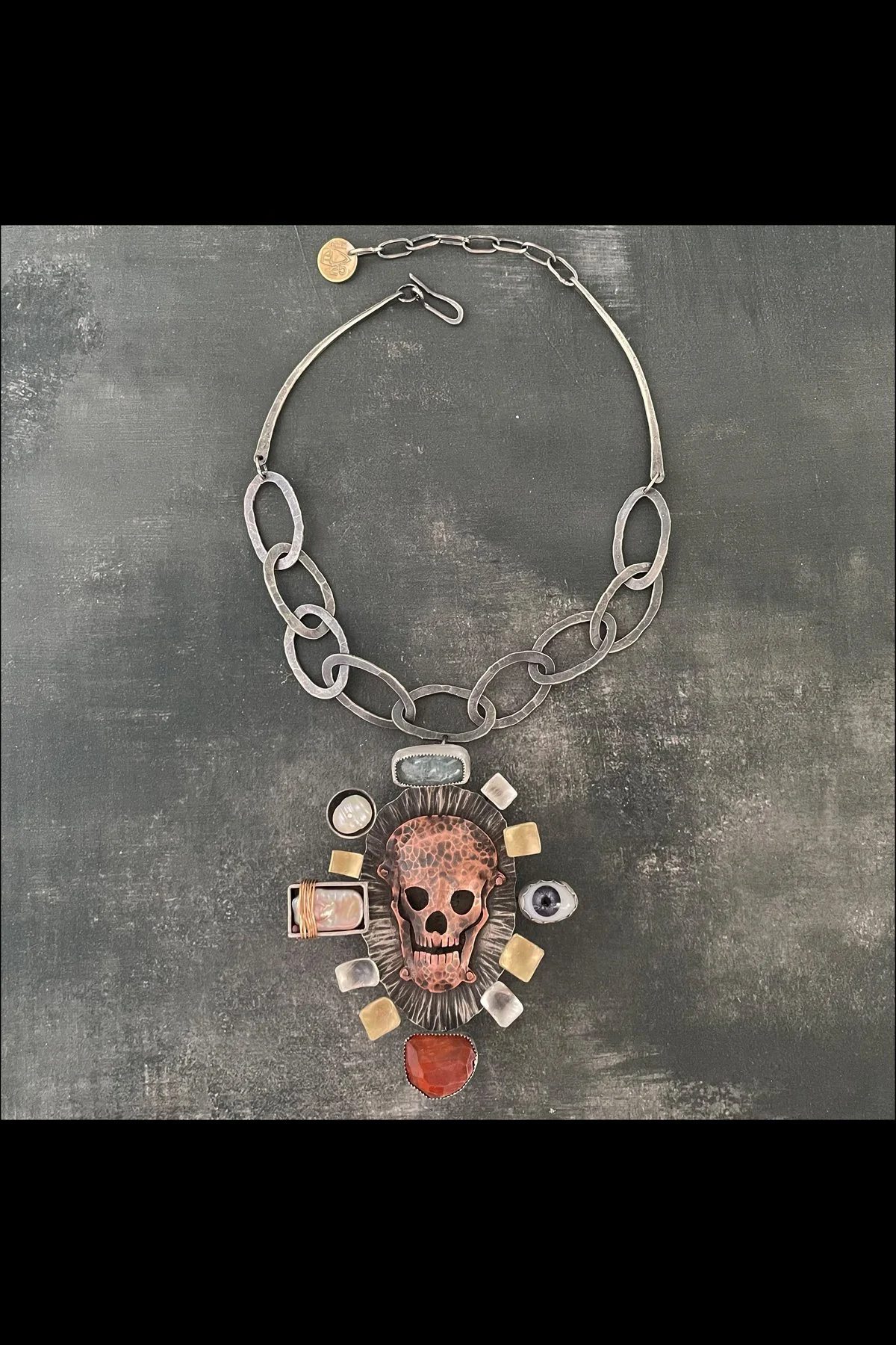 "Talisman", Sterling Silver, Copper, Brass, Bronze, Pearl, Carnelian, Blue Kyanite and Antique Glass Doll's Eye Neck Piece