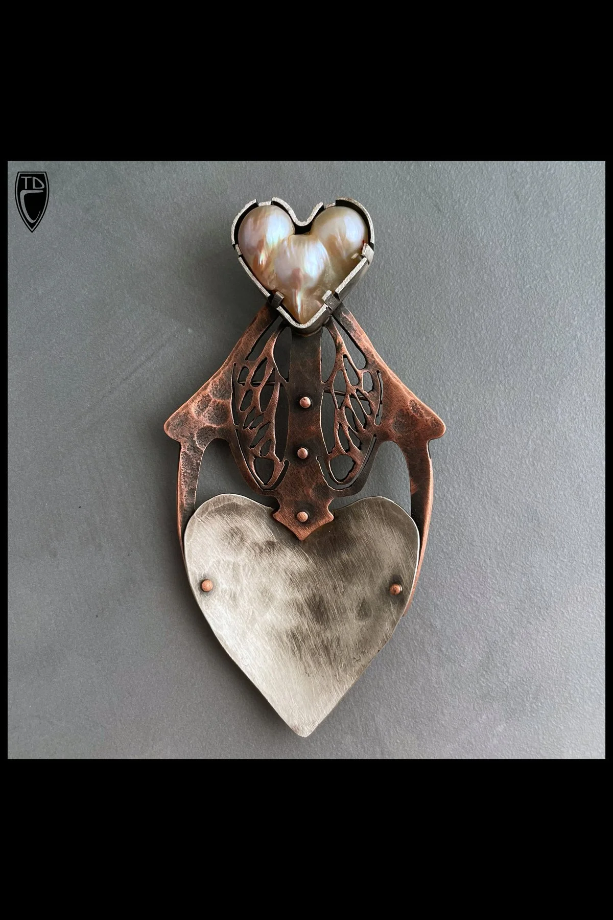 "Winged", Sterling Silver, Copper, Pearl and Steel Brooch/Pendant