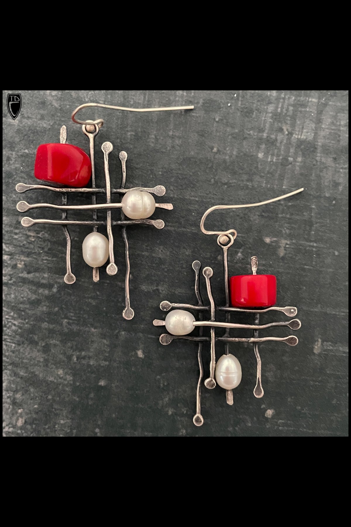 Sterling Silver, Pearl and Coral Grid Earrings