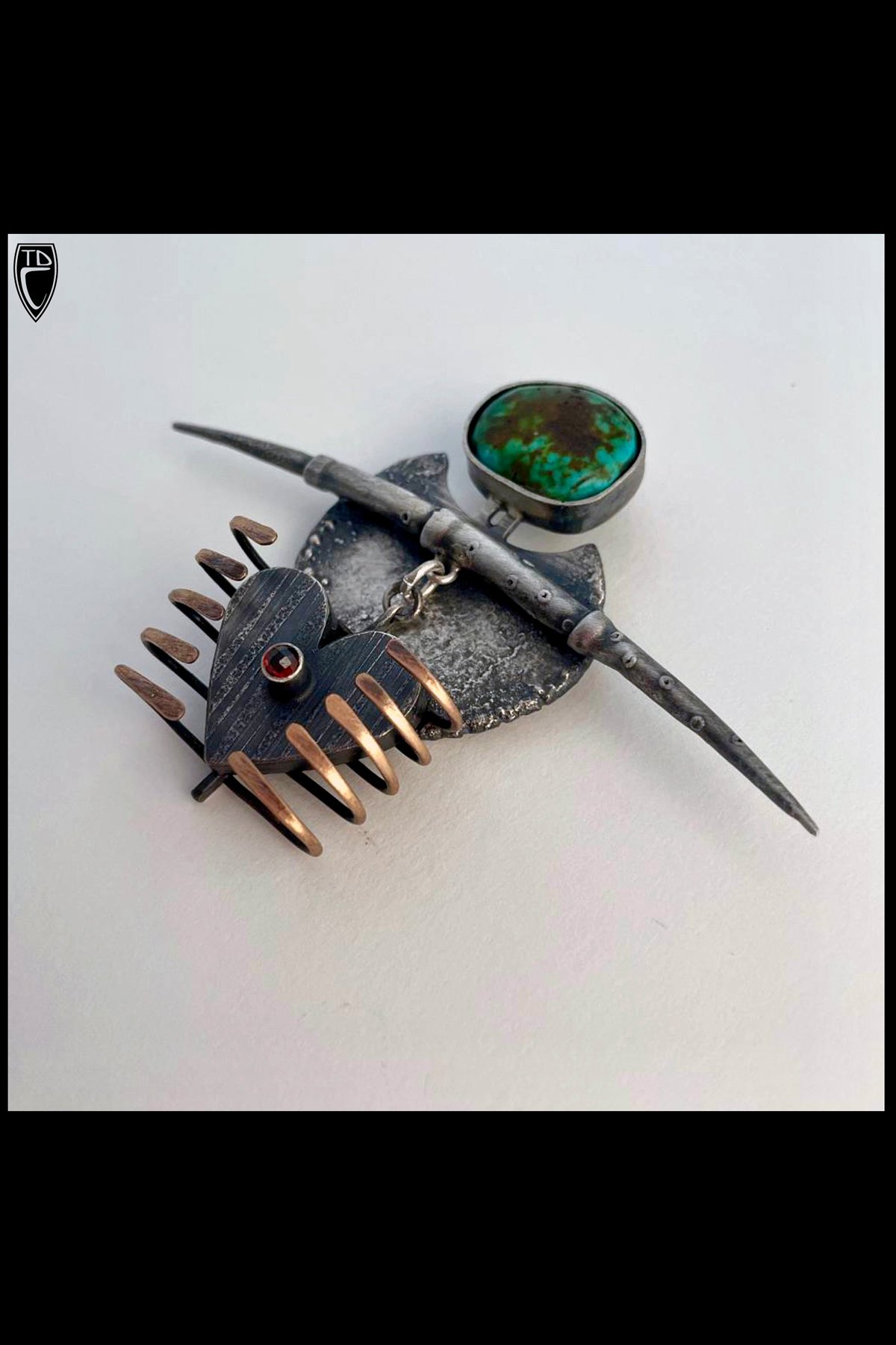 Sterling Silver, Bronze, Turquoise and Garnet Caged Heart/Spike Brooch/Pendant