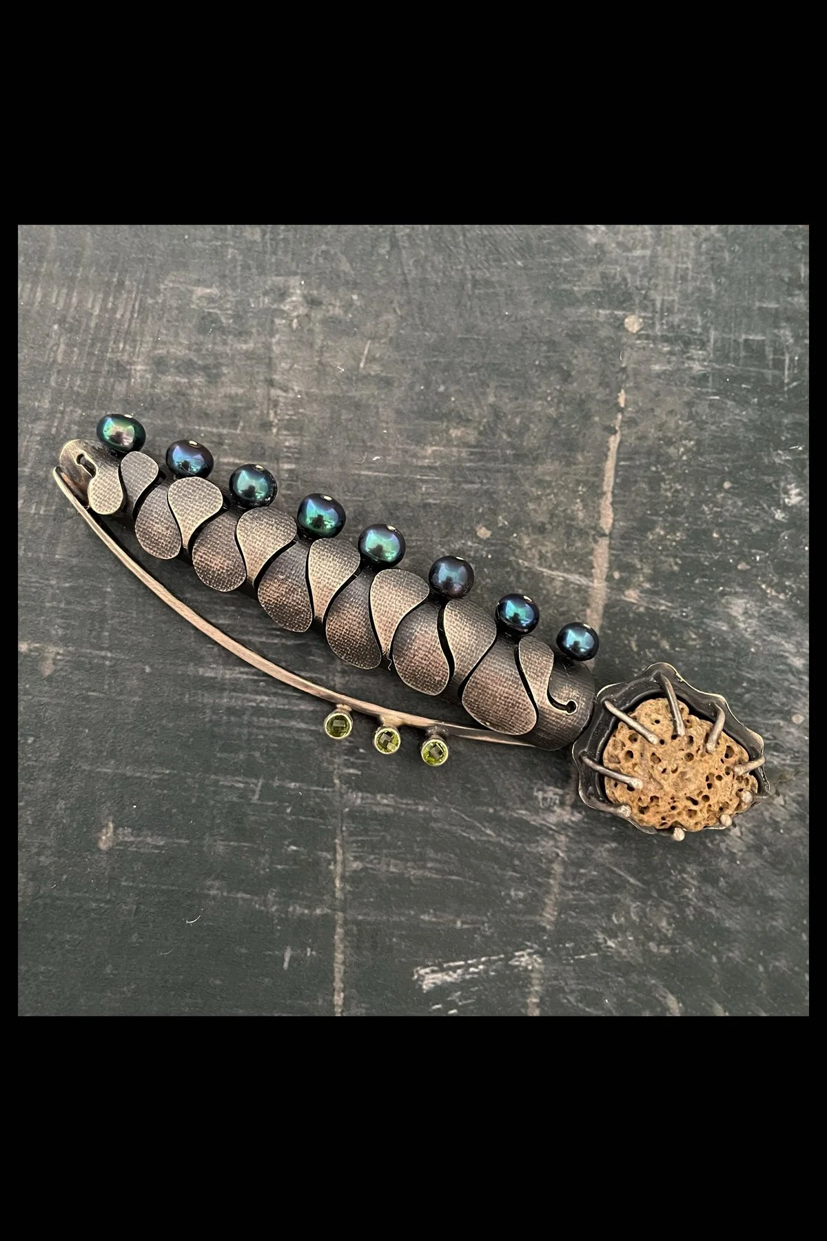 "Entwined", Sterling Silver, Pearl, Peridot, and Ocean Tumbled Seashell Brooch/Pendant