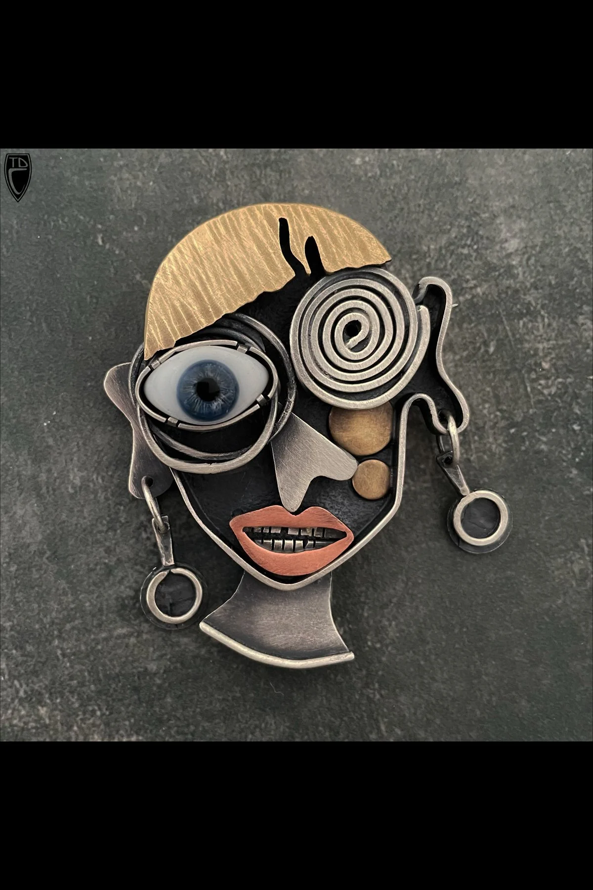 "Barb", Sterling Silver, Brass, Copper and Antique Glass Doll's Eye Brooch/Pendant