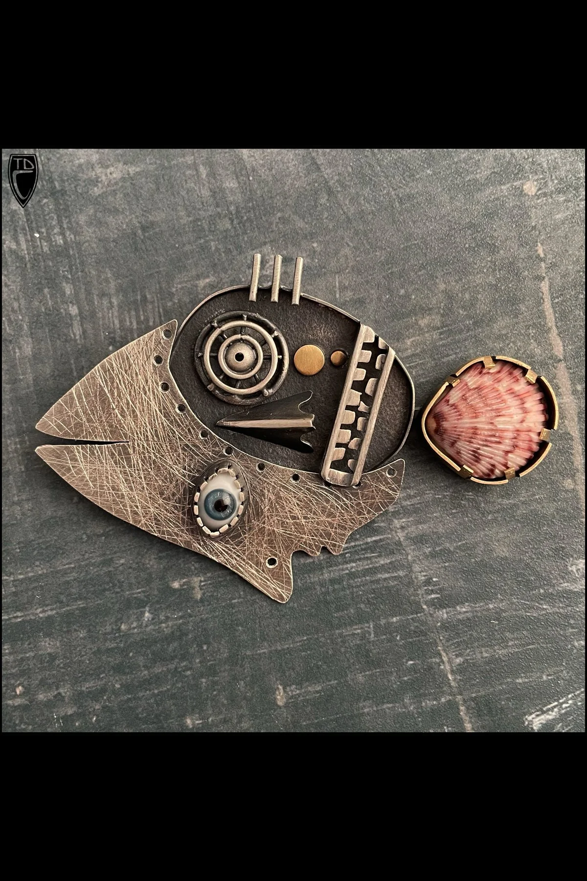 "Janus del Mare", Sterling Silver, Brass, Found Seashell and Antique Glass Doll's Eye Two Faced Fish Brooch/Pendant