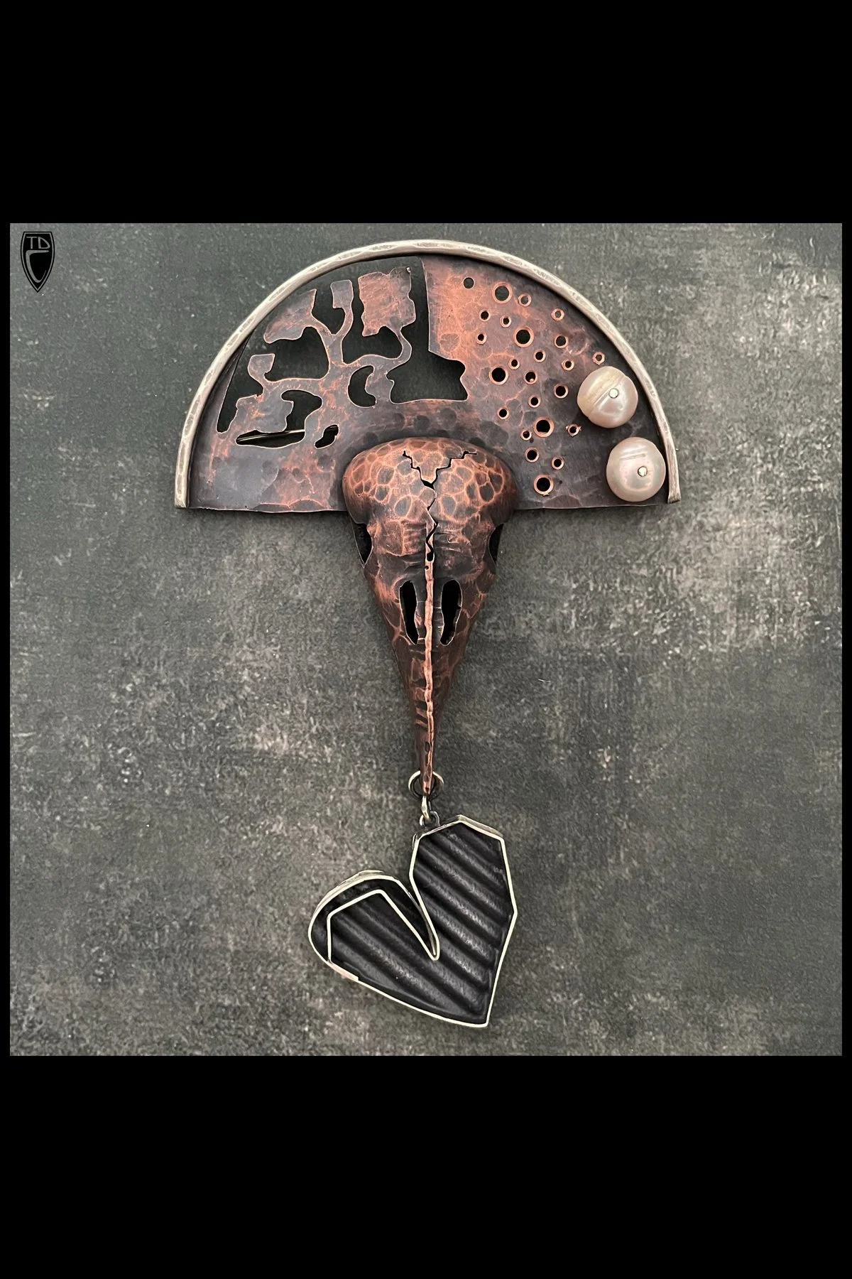 "Heart Thief", Hammered, Pierced and Hollow Formed Copper and Sterling Silver Raven's Skull/Heart Brooch/Pendant