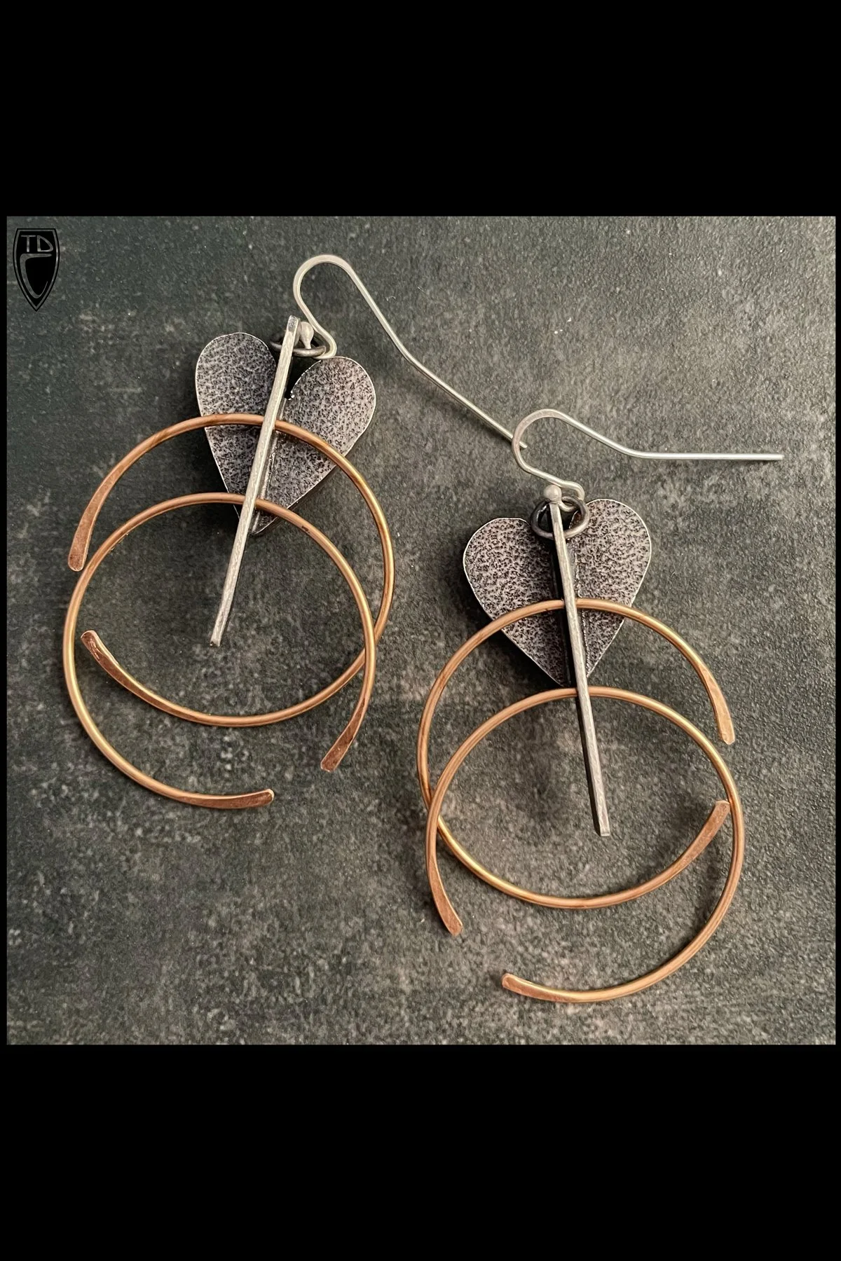 Sterling Silver and Bronze Dimensional Heart Kinetic Hoop Earrings