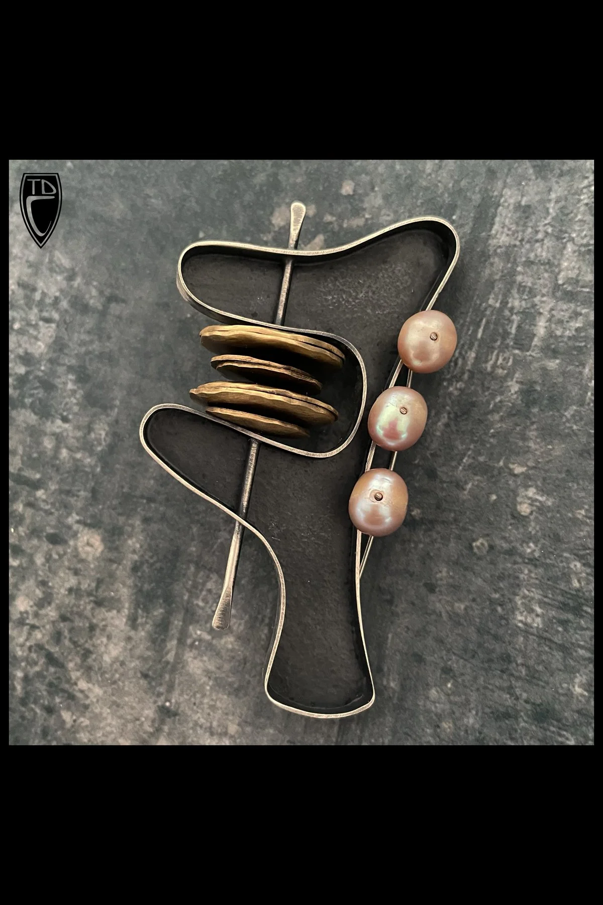 Sterling Silver, Brass and Pearl "Fidget" Brooch/Pendant